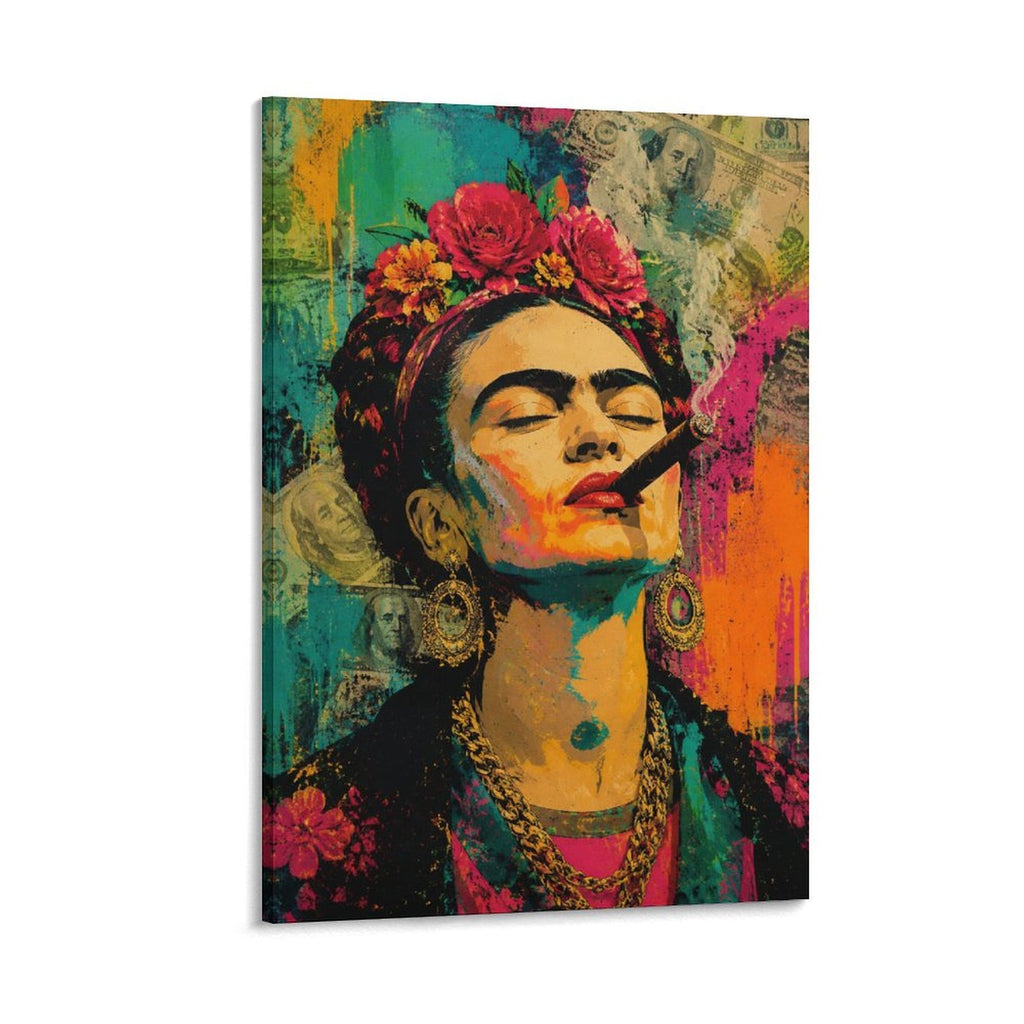 Frida-Style Pop Art Woman with Cigar Bold Feminist Portrait Framed Canvas Wall Art