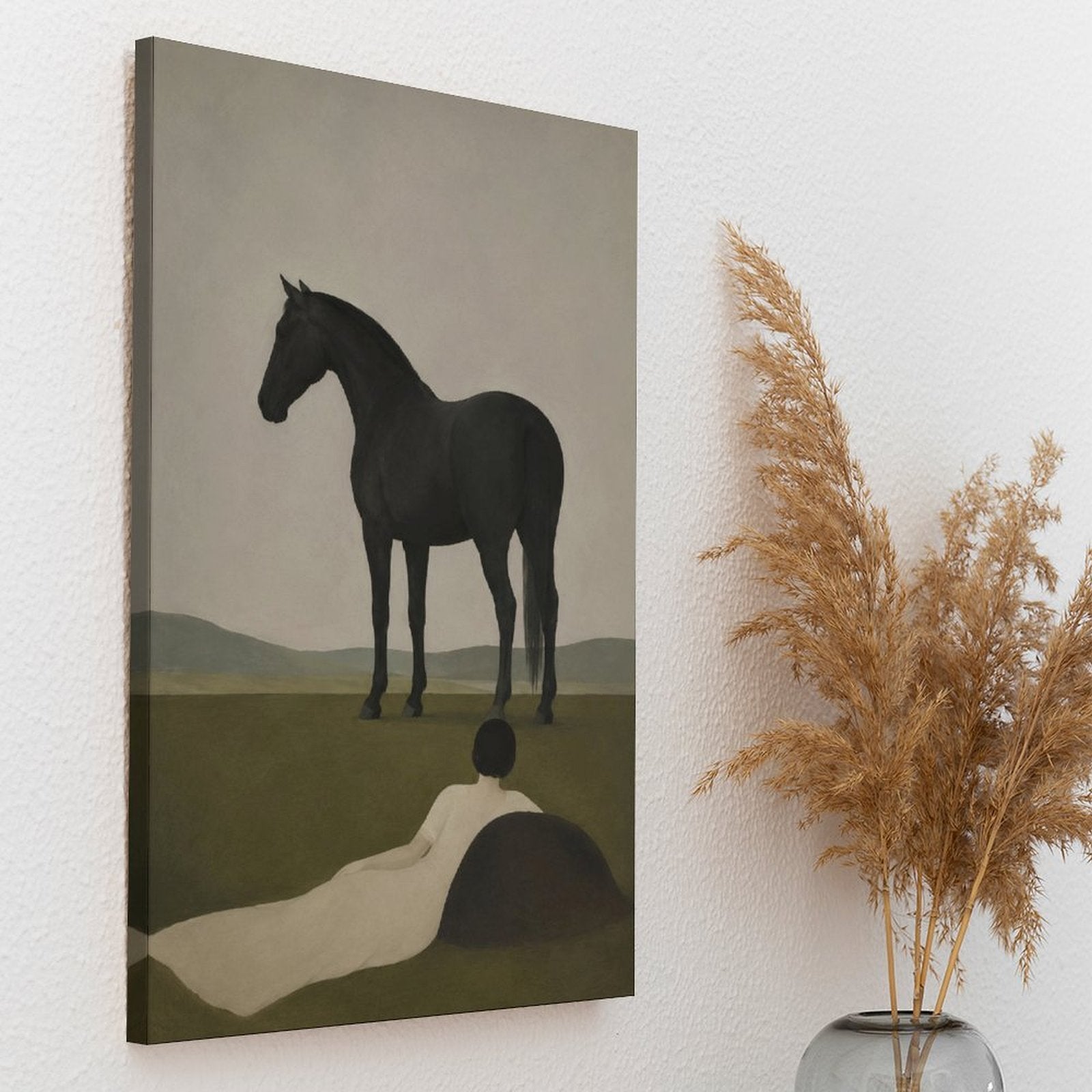 Woman & Black Horse Minimalist Framed Canvas Wall Art | Moody Figurative Print