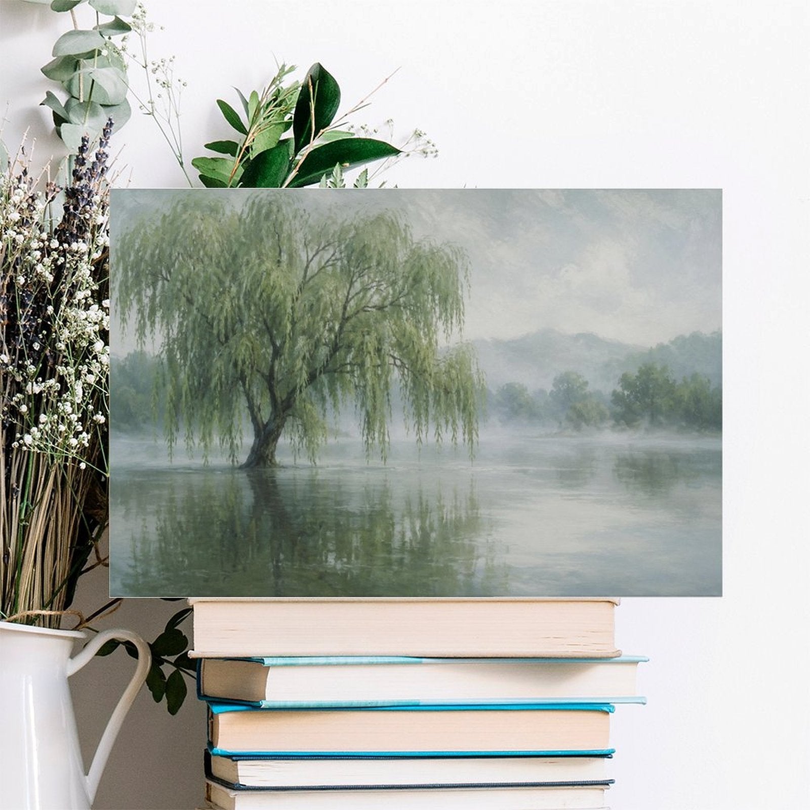 Misty Willow Tree Lake Reflection Framed Canvas Wall Art | Serene Chinese Landscape Print