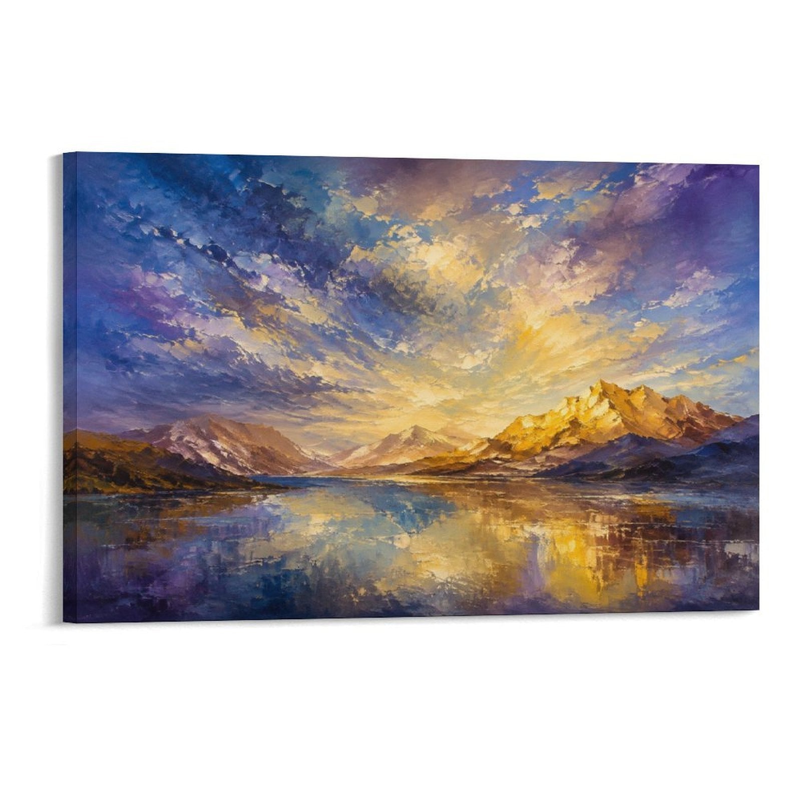Purple Gold Dramatic Sky Mountain Lake Impressionist Landscape Framed Canvas Wall Art