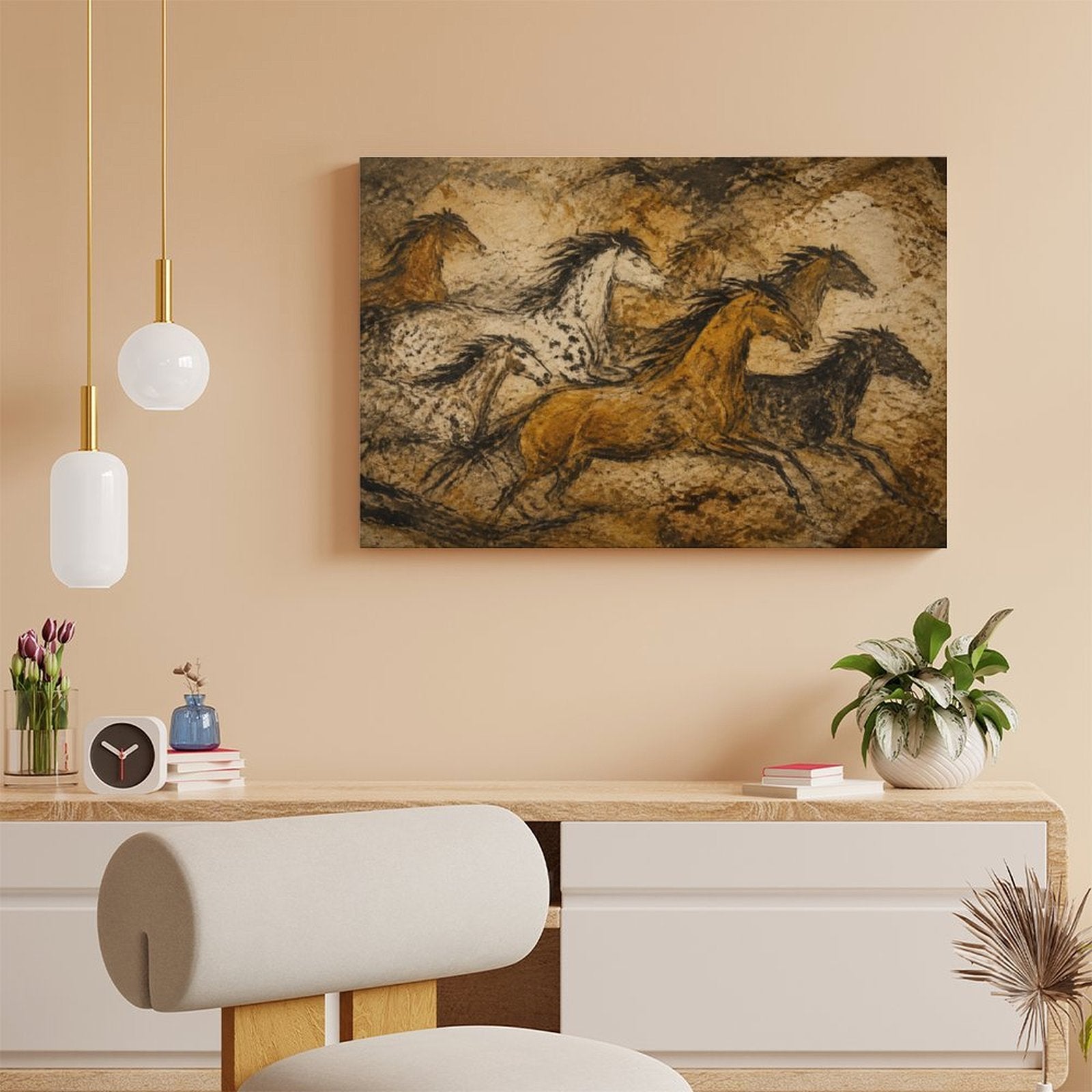 Cave Painting Wild Horses Framed Canvas Wall Art | Prehistoric Primitive Equestrian Print