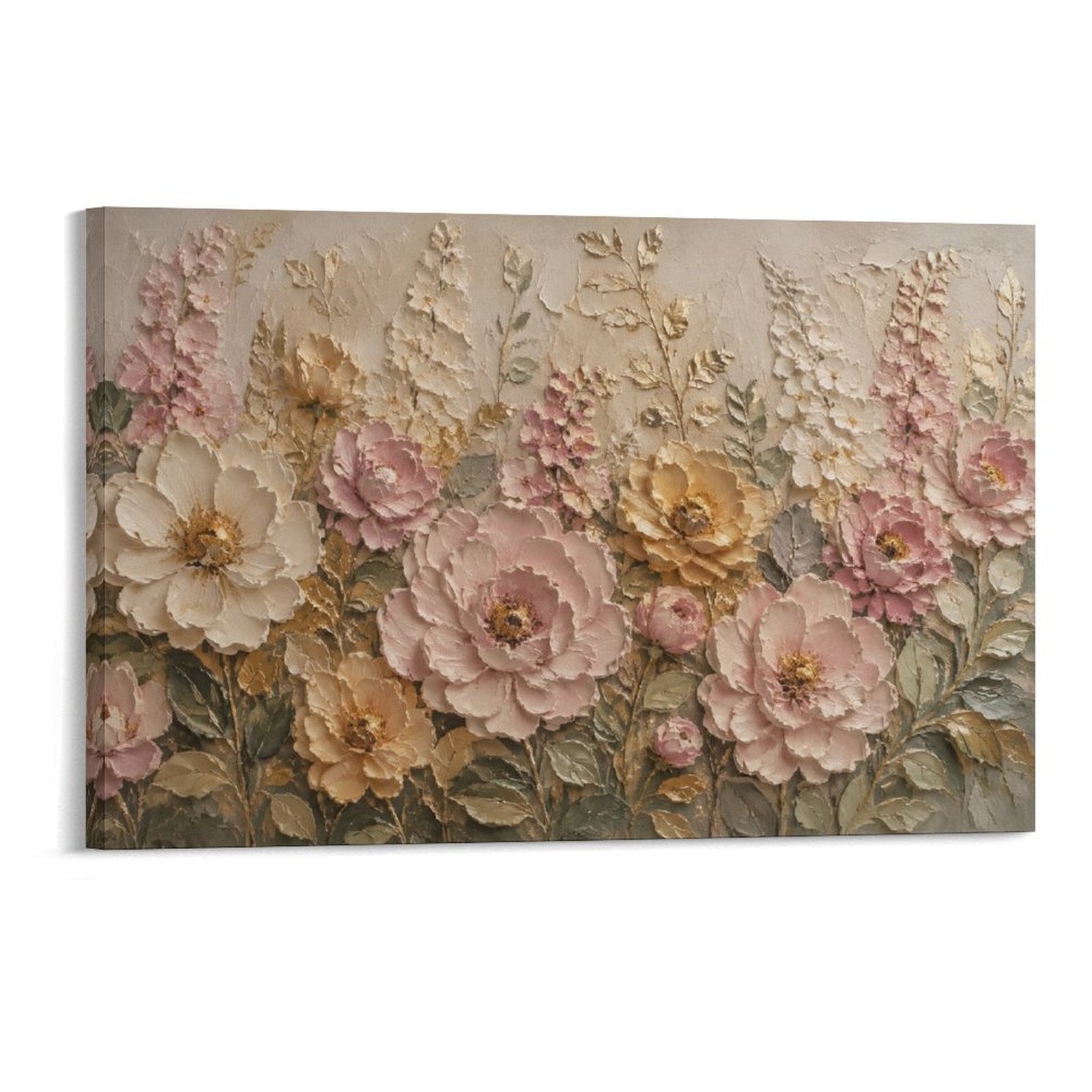 Pink Rose Cream Peony Gold Floral Textured French Romantic Relief Framed Canvas Wall Art