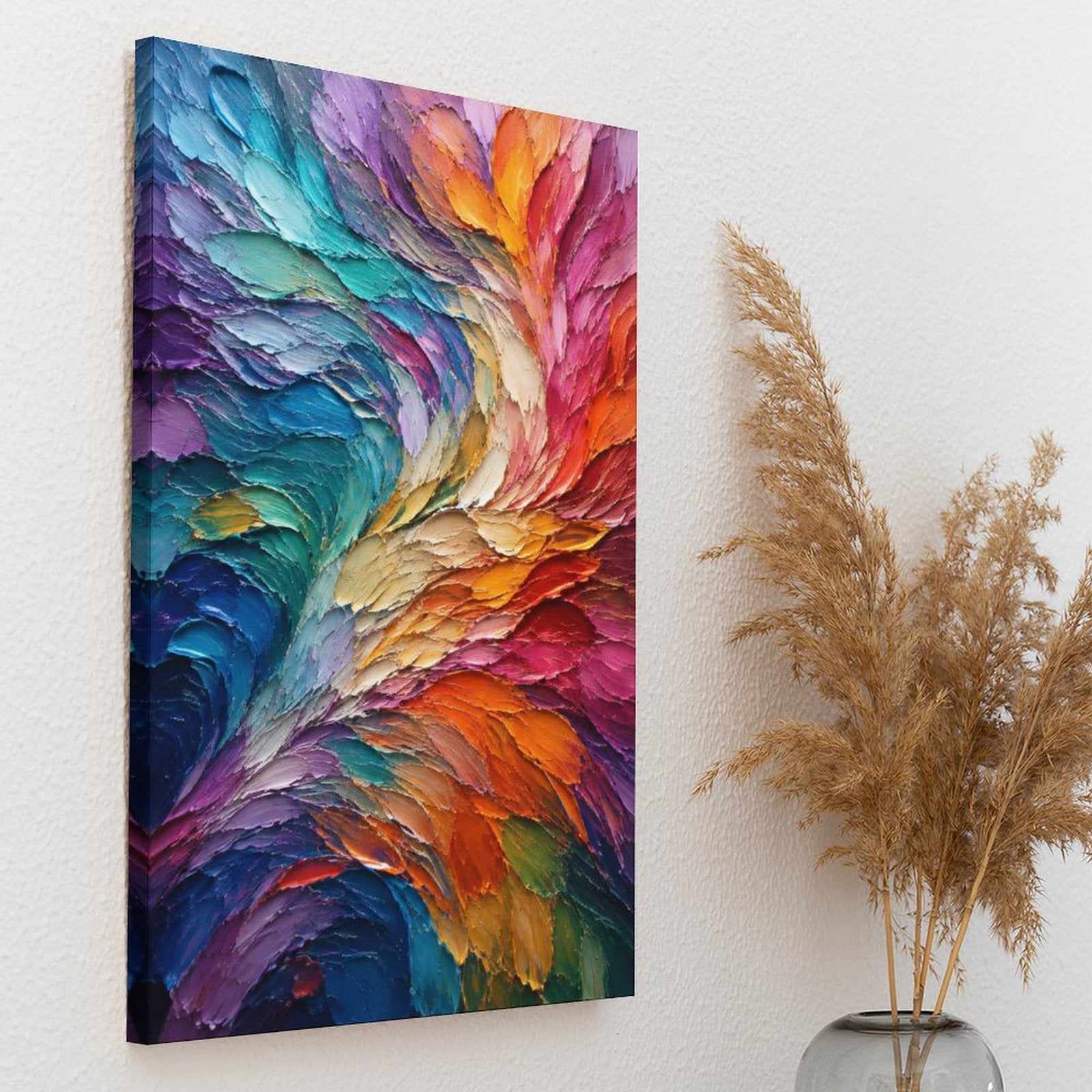 Rainbow Spiral Textured Abstract Framed Canvas Wall Art | Vibrant Palette Knife Swirl Print