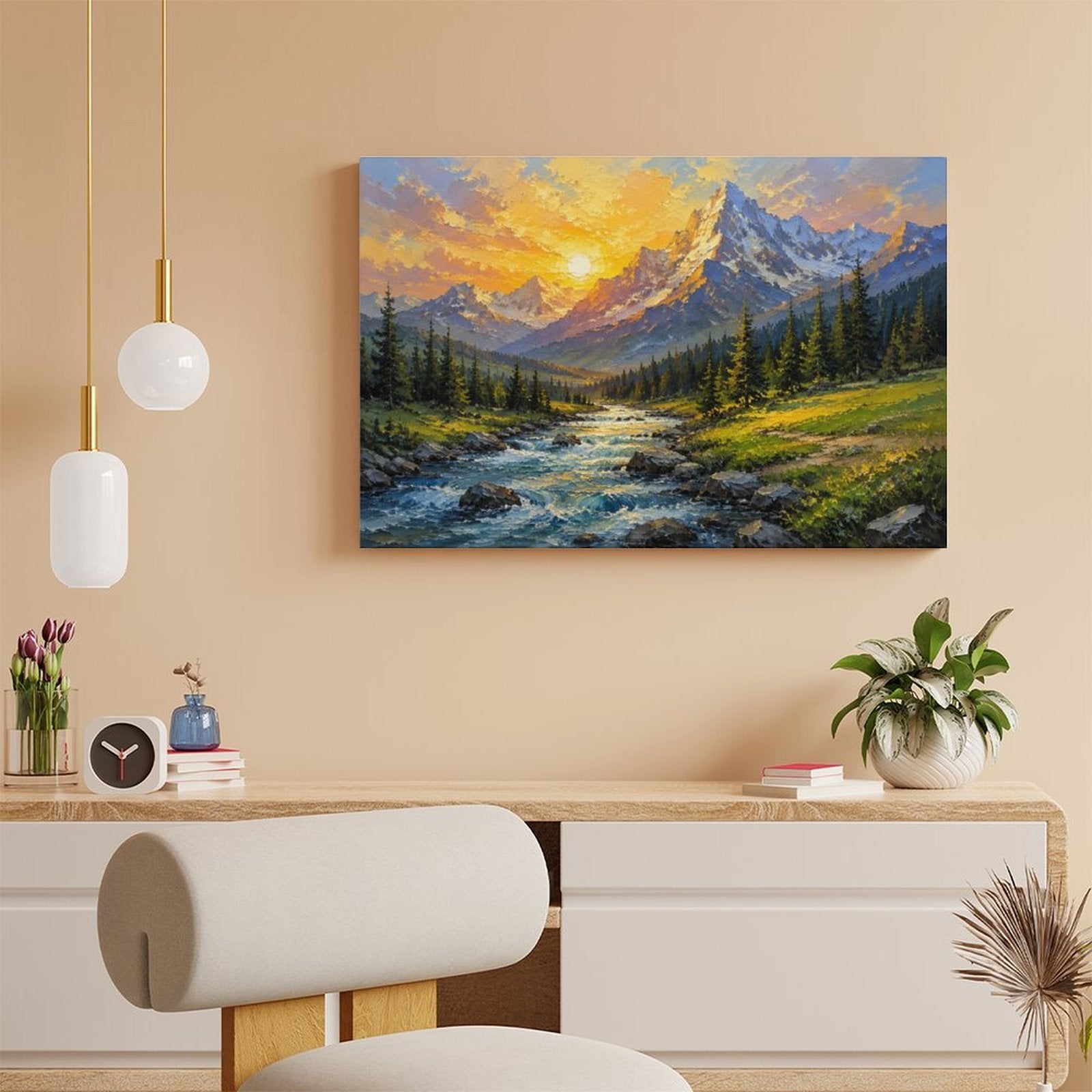 Mountain Stream Golden Sunset Framed Canvas Wall Art | Impressionist Alpine Landscape Print