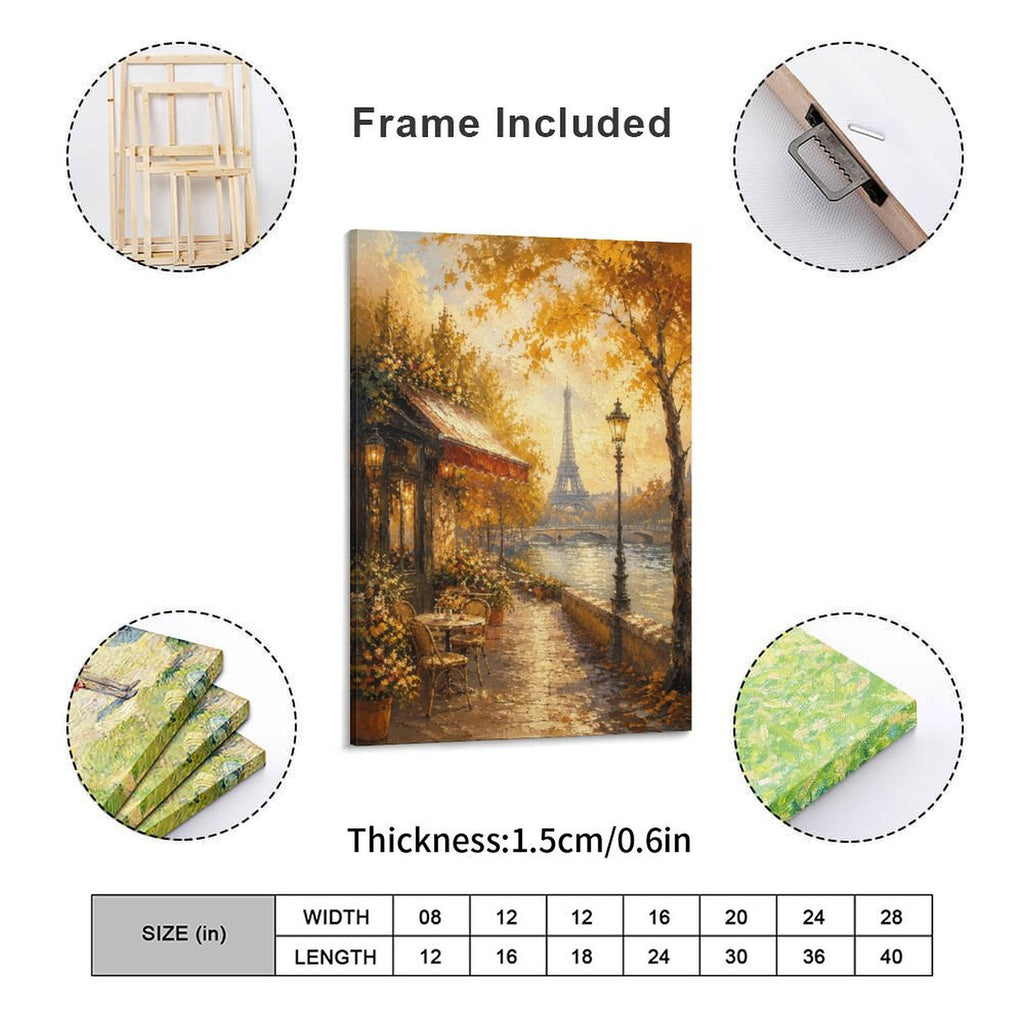 Paris Seine River Autumn Cafe Eiffel Tower Framed Canvas Wall Art | Romantic Impressionist Print