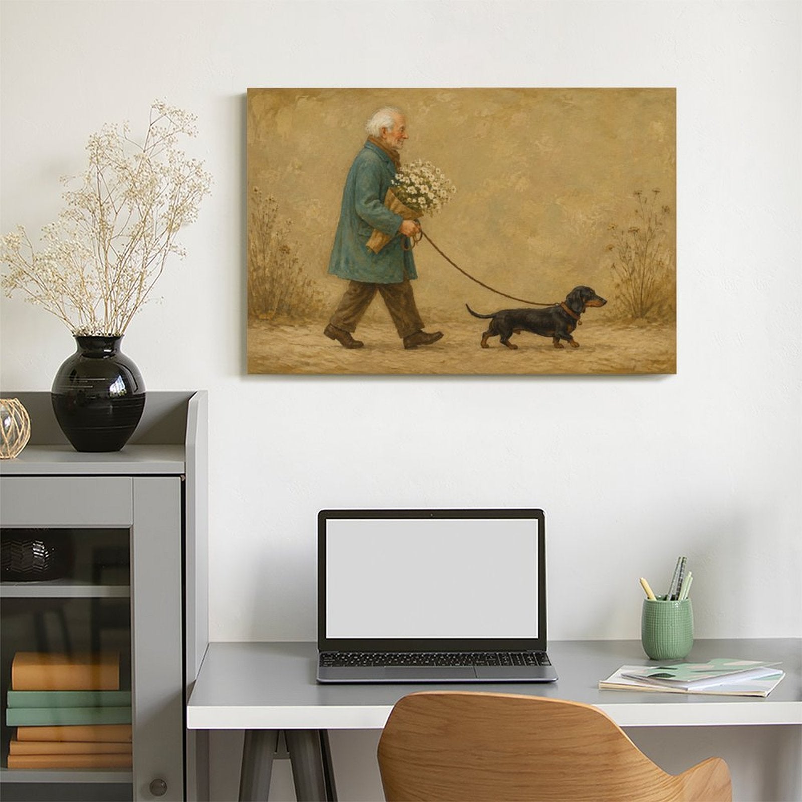 Old Man Walking Dachshund with Daisies Framed Canvas Wall Art | Vintage Heartwarming Dog Print