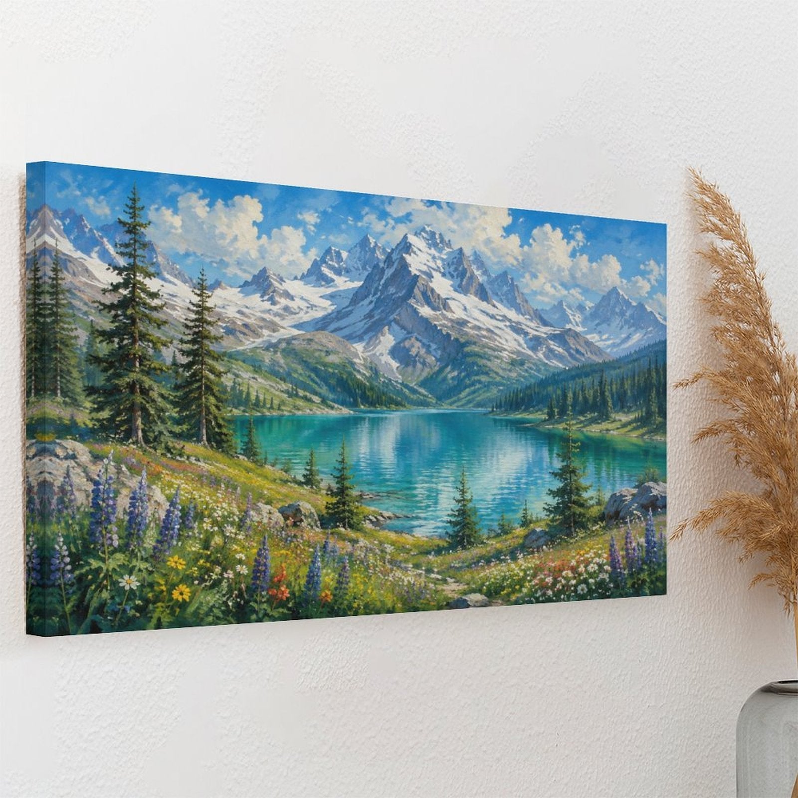 Alpine Turquoise Lake Wildflower Meadow Framed Canvas Wall Art | Mountain Landscape Print