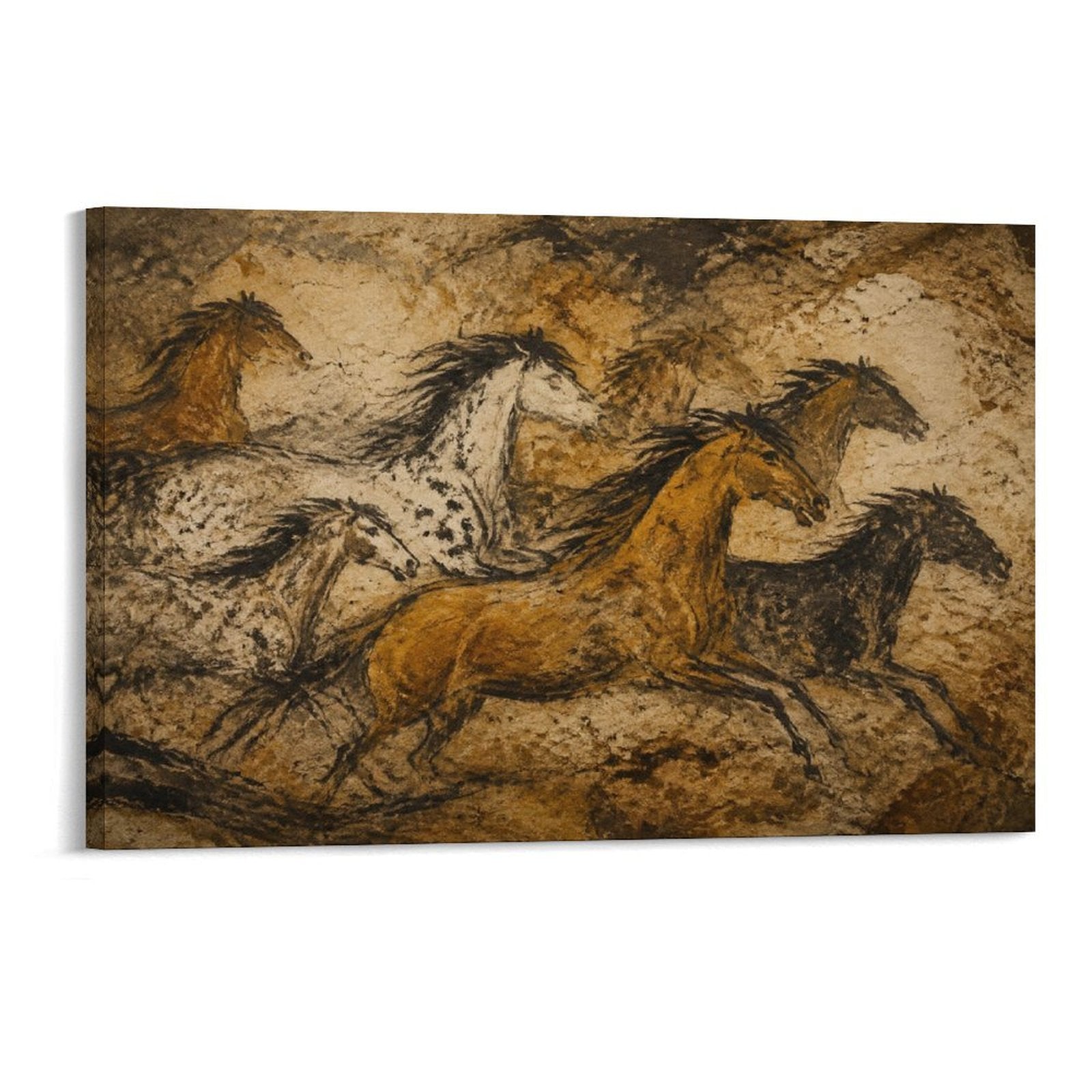 Cave Painting Wild Horses Prehistoric Primitive Equestrian Framed Canvas Wall Art