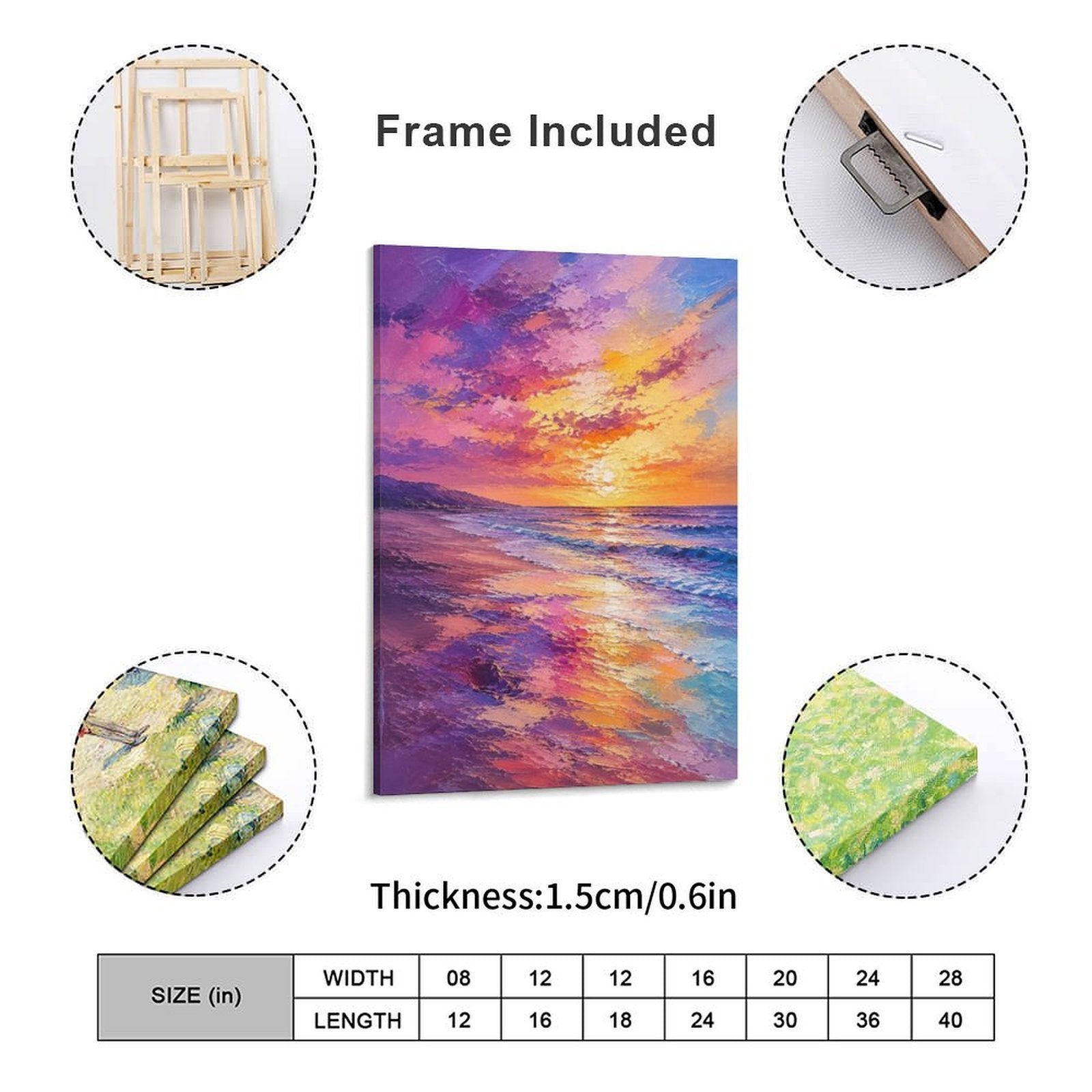 Purple Orange Sunset Beach Framed Canvas Wall Art | Vibrant Coastal Seascape Print