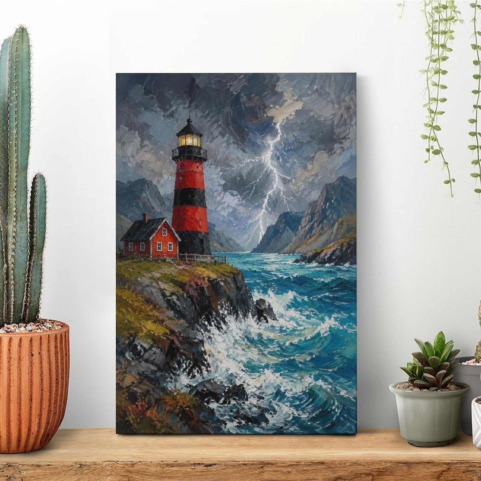 Stormy Lighthouse Cliff Framed Canvas Wall Art | Red & Black Coastal Oil Painting Print