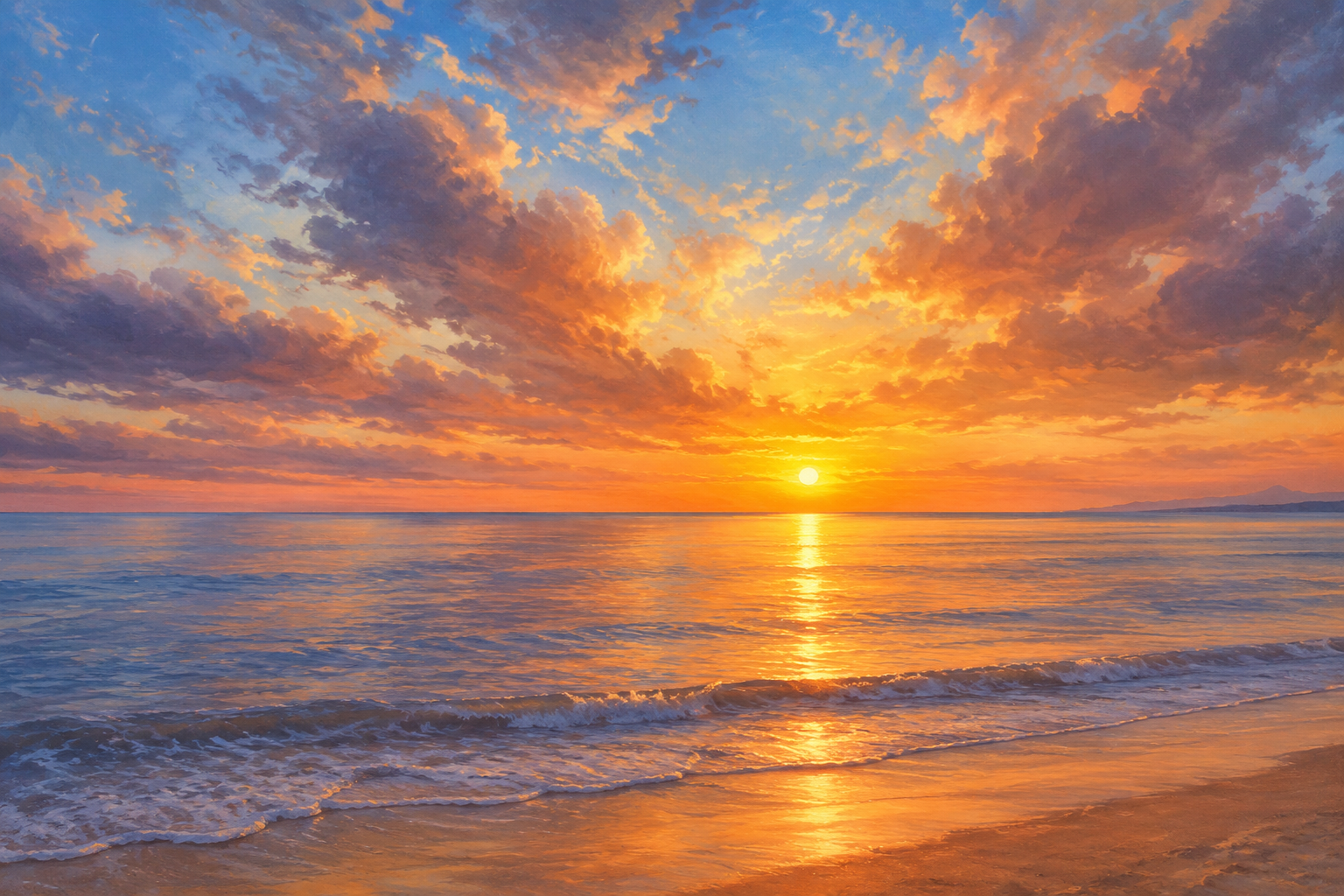 Golden Beach Sunset Framed Canvas Wall Art | Coastal Ocean Seascape Oil Painting Print