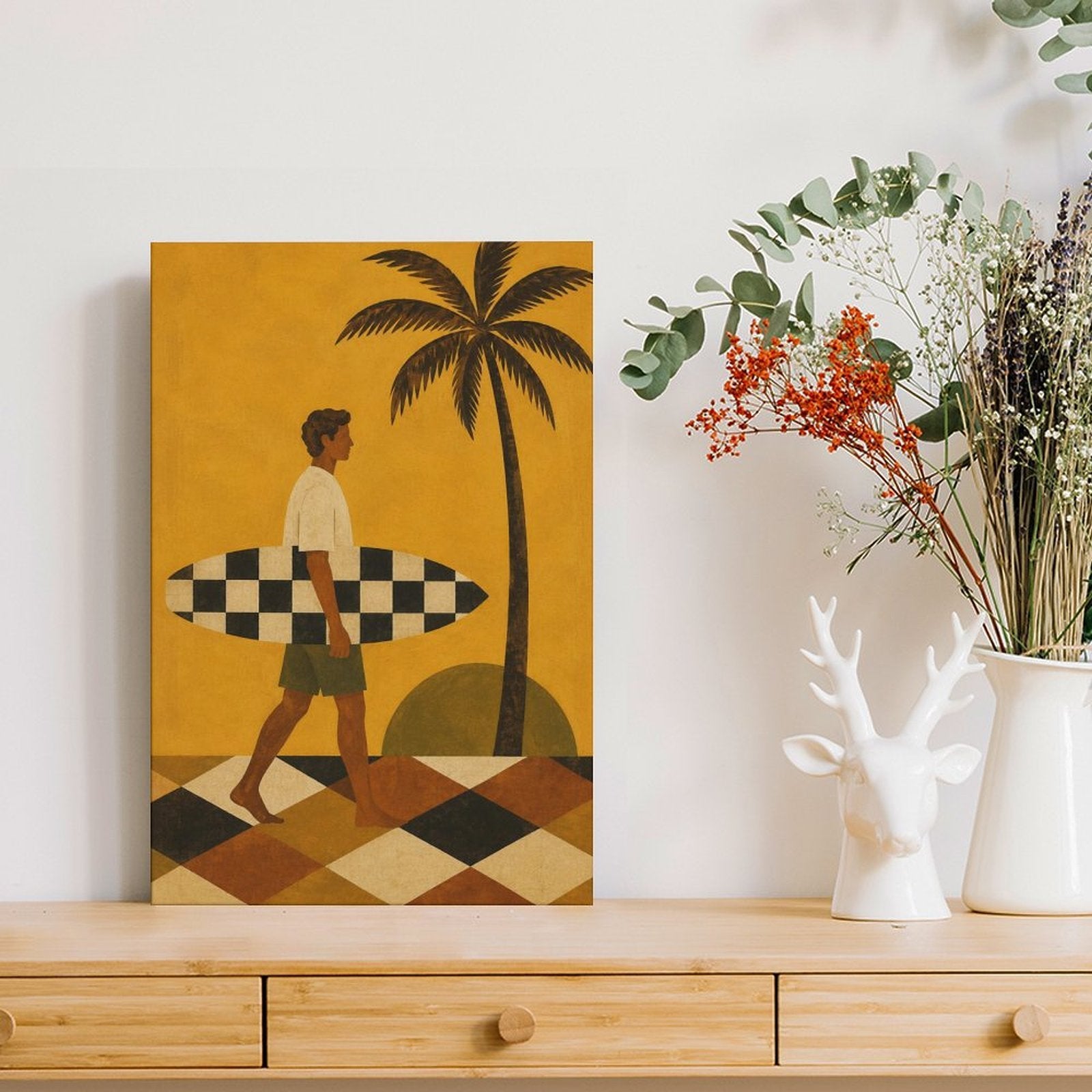 Retro Surfer Framed Canvas Wall Art | Vintage Beach Palm Tree Print