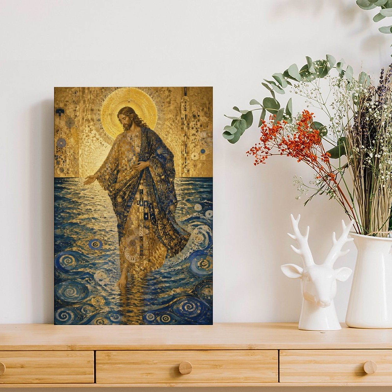 Jesus Walking on Water Klimt-Style Framed Canvas Wall Art | Gold Mosaic Religious Print
