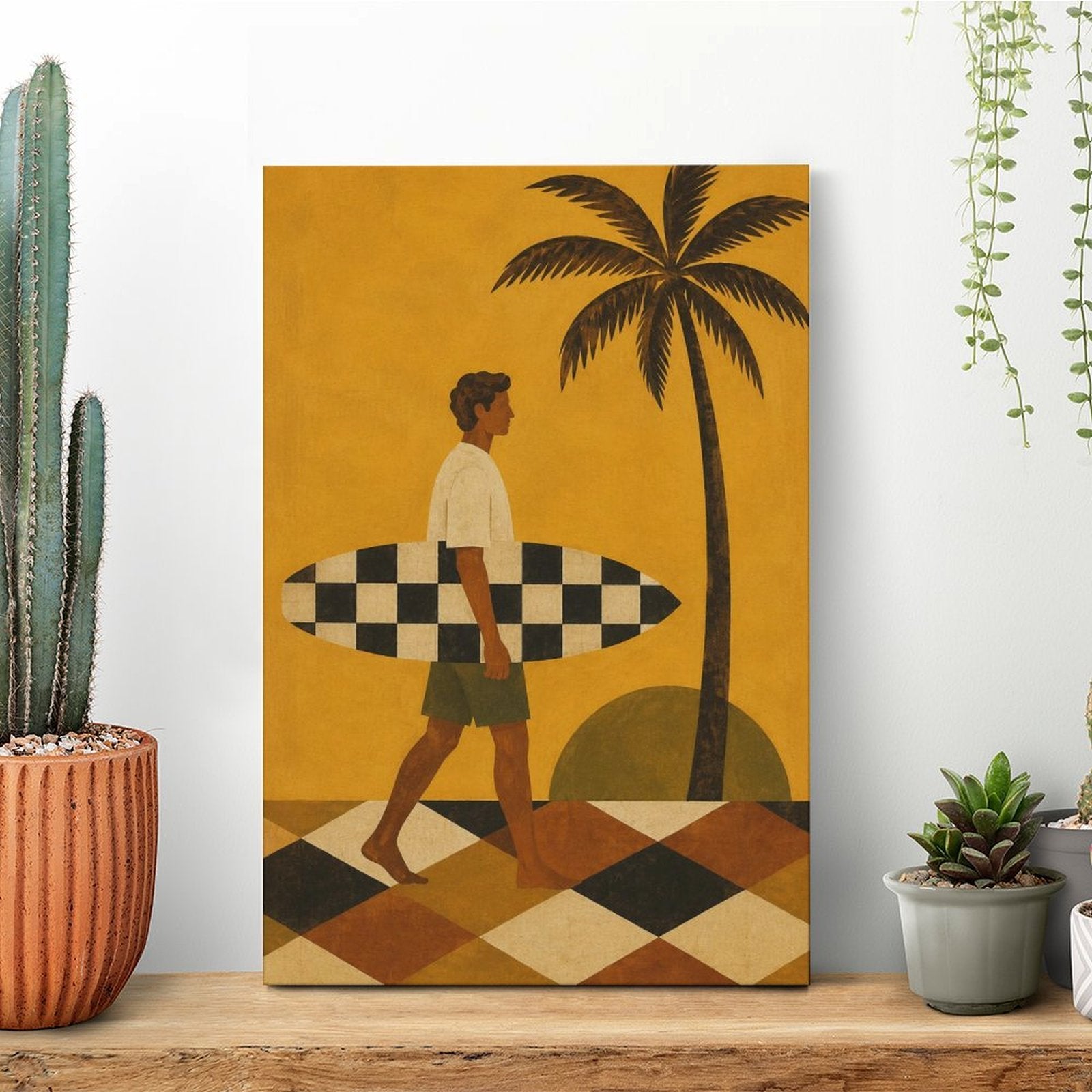 Retro Surfer Framed Canvas Wall Art | Vintage Beach Palm Tree Print
