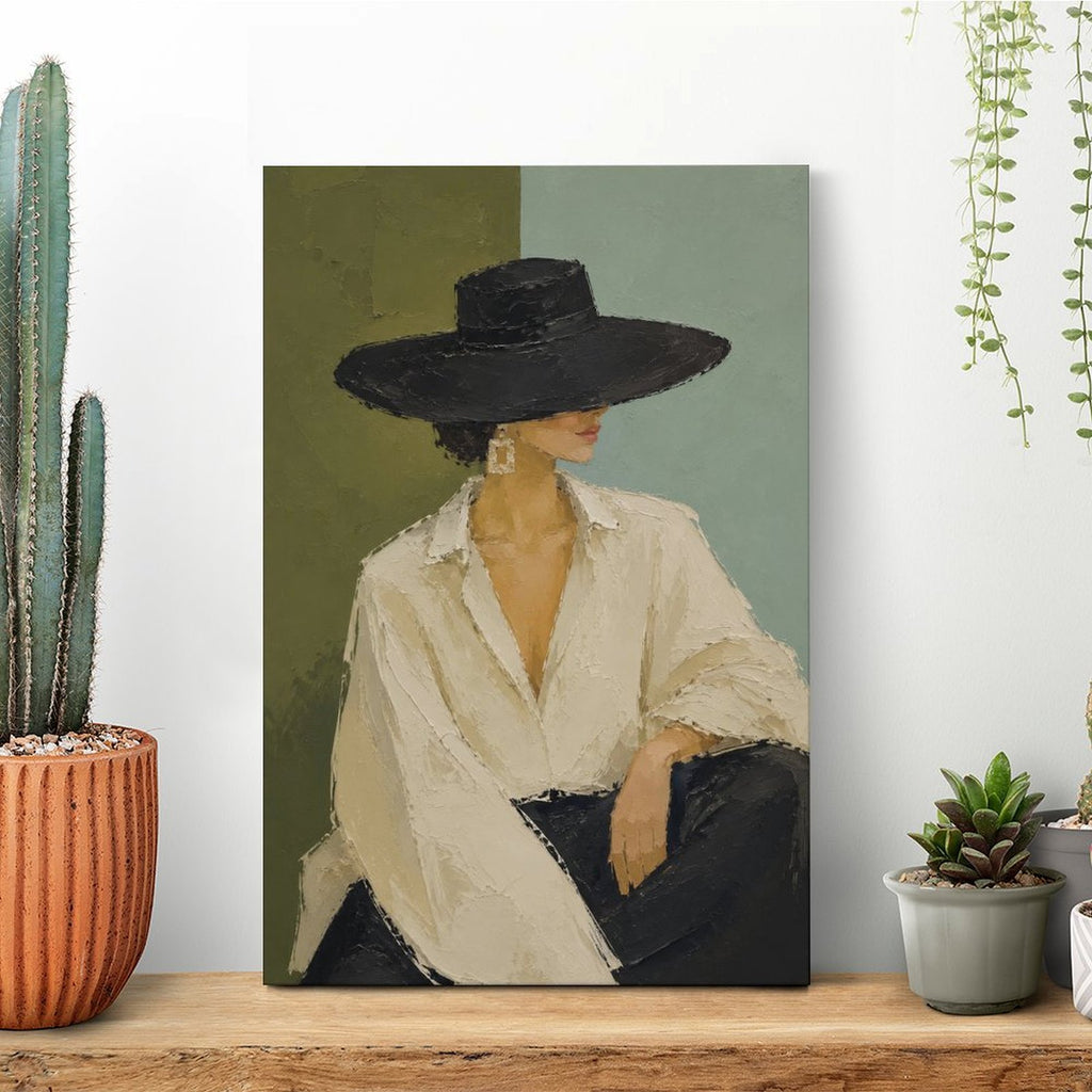 Minimalist Woman Black Hat White Shirt Framed Canvas Wall Art | Modern Fashion Portrait Print