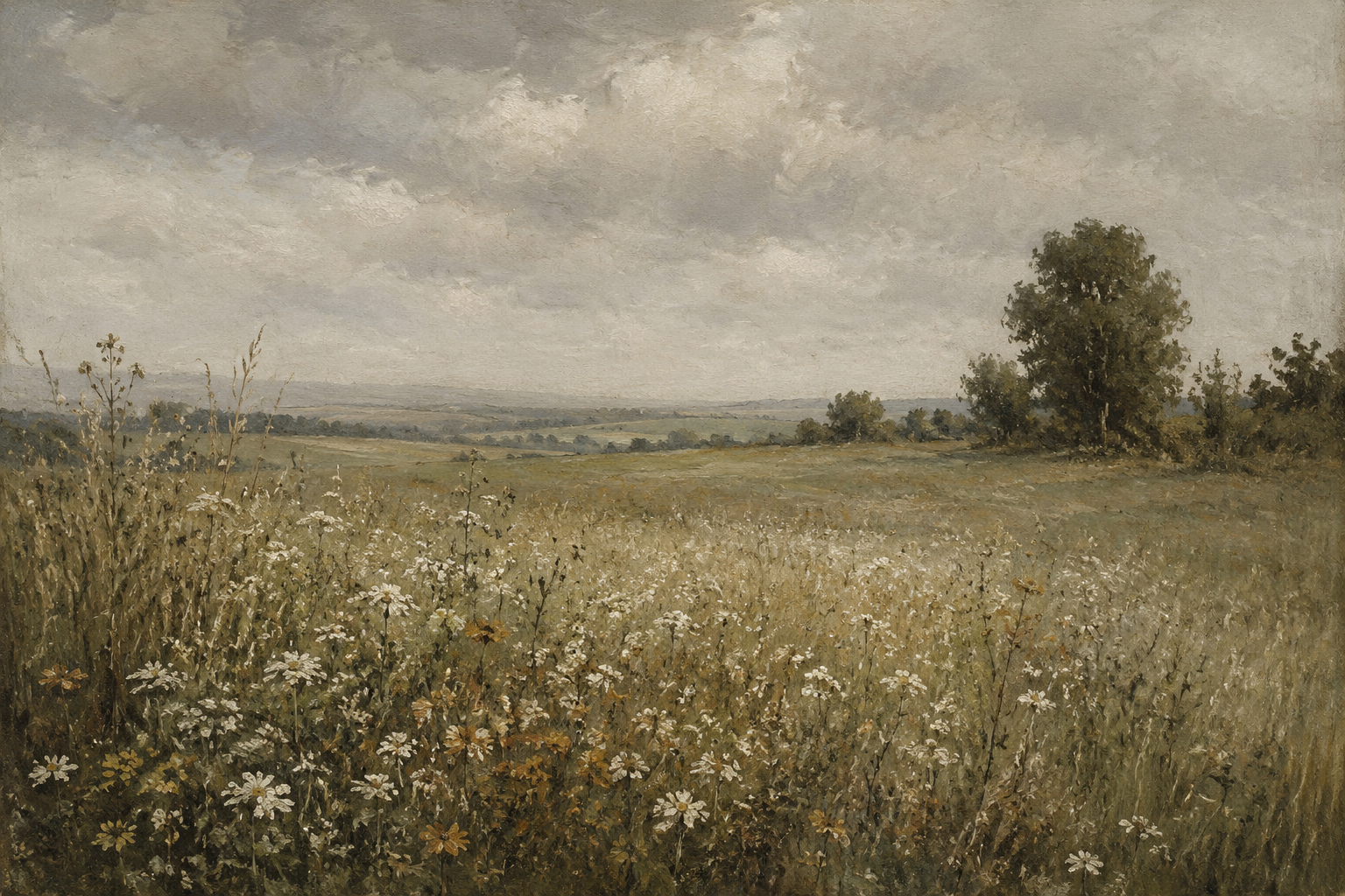 English Country Meadow Daisy Field Framed Canvas Wall Art | Vintage Moody Landscape Print