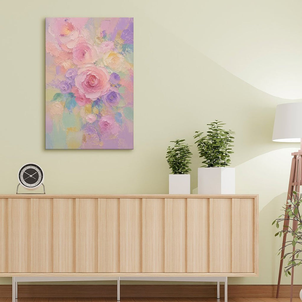 Pastel Rose Peony Bouquet Framed Canvas Wall Art | Soft Pink Purple Floral Print
