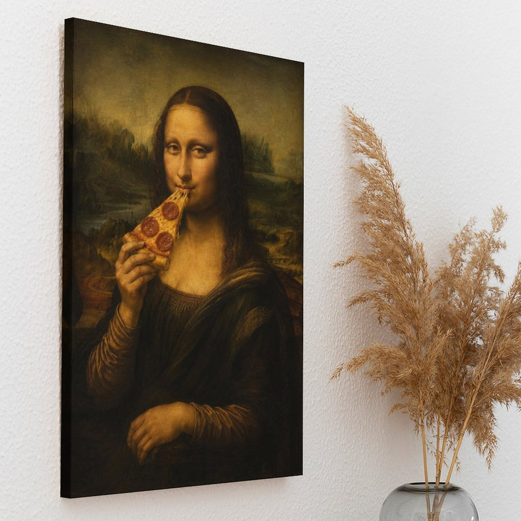 Mona Lisa Eating Pizza Funny Framed Canvas Wall Art | Humorous Pop Art Parody Print