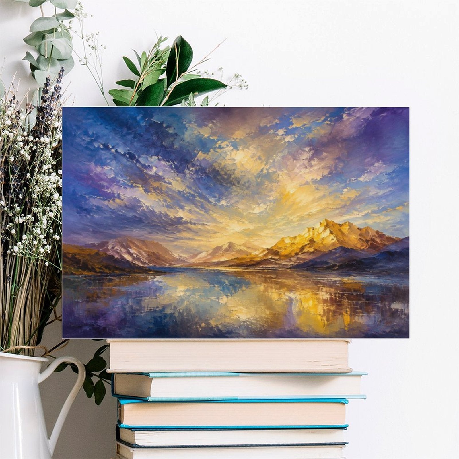 Purple Gold Dramatic Sky Mountain Lake Framed Canvas Wall Art | Impressionist Landscape Print