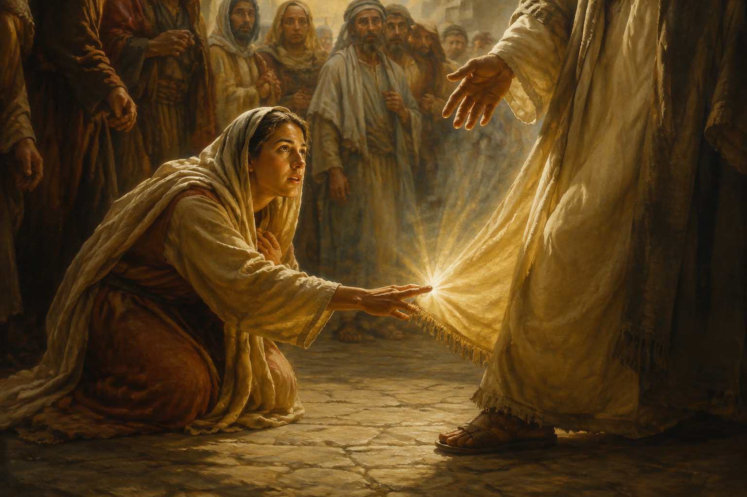 Woman Touching Jesus Robe Healing Miracle Framed Canvas Wall Art | Classical Religious Print