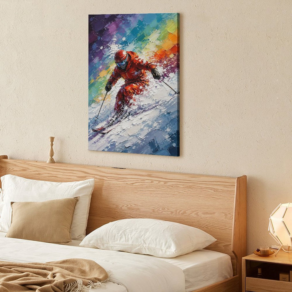 Dynamic Skier Red Suit Colorful Abstract Framed Canvas Wall Art | Winter Sports Textured Print