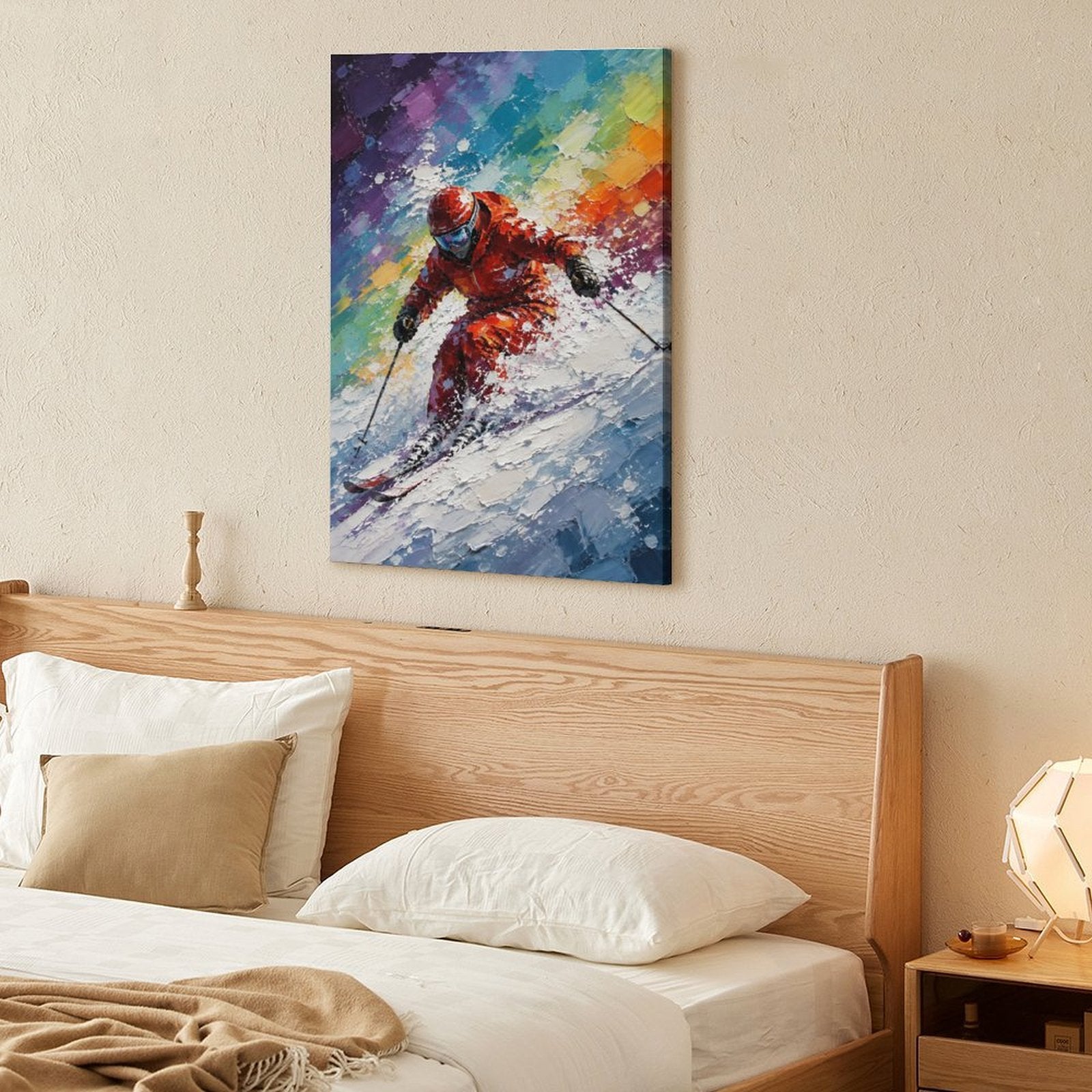 Dynamic Skier Red Suit Colorful Abstract Framed Canvas Wall Art | Winter Sports Textured Print