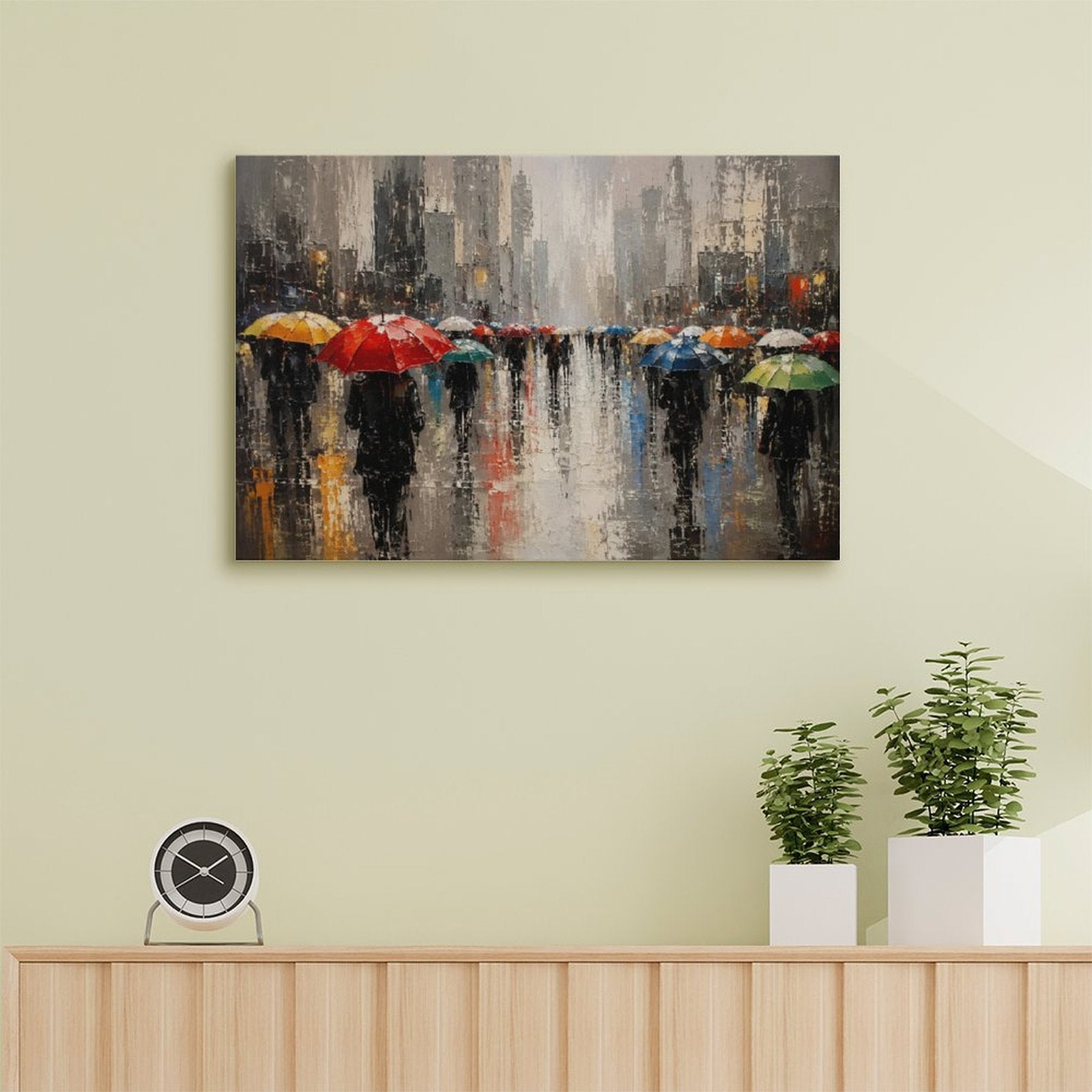 Rainy City Street Colorful Umbrellas Framed Canvas Wall Art | Impressionist Urban Scene Print