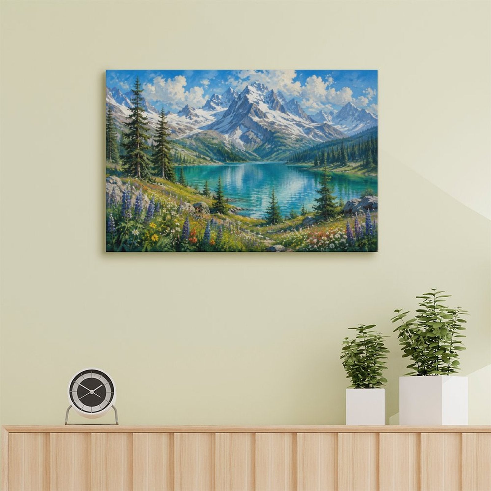 Alpine Turquoise Lake Wildflower Meadow Framed Canvas Wall Art | Mountain Landscape Print