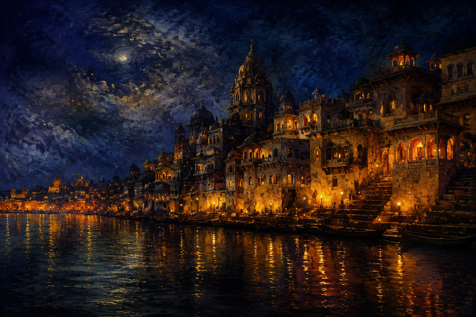 Varanasi Ganges River Night Glow Framed Canvas Wall Art | Indian Temple Nocturne Print