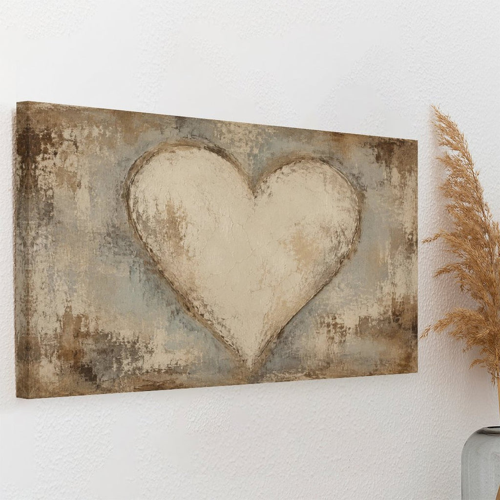 Rustic Cream Heart Textured Framed Canvas Wall Art | Vintage Romantic Love Print