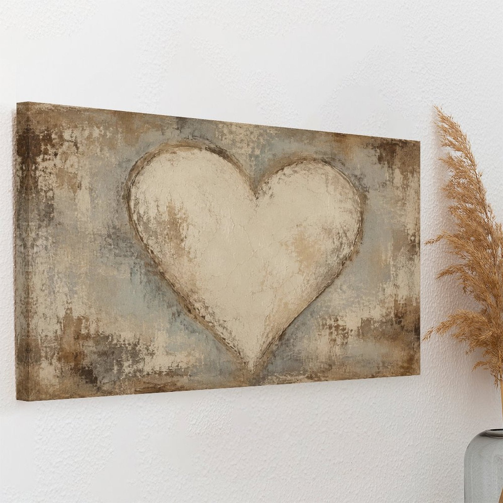 Rustic Cream Heart Textured Framed Canvas Wall Art | Vintage Romantic Love Print