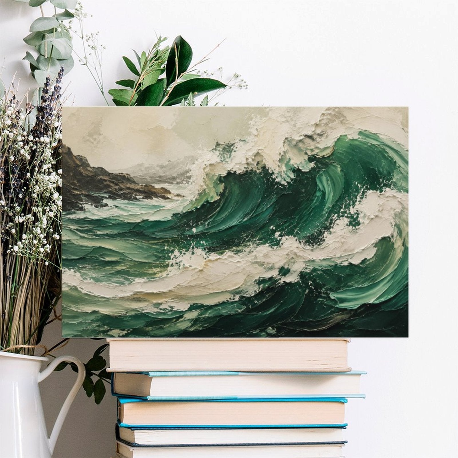 Deep Emerald Ocean Wave Textured Framed Canvas Wall Art | Vintage Coastal Seascape Print