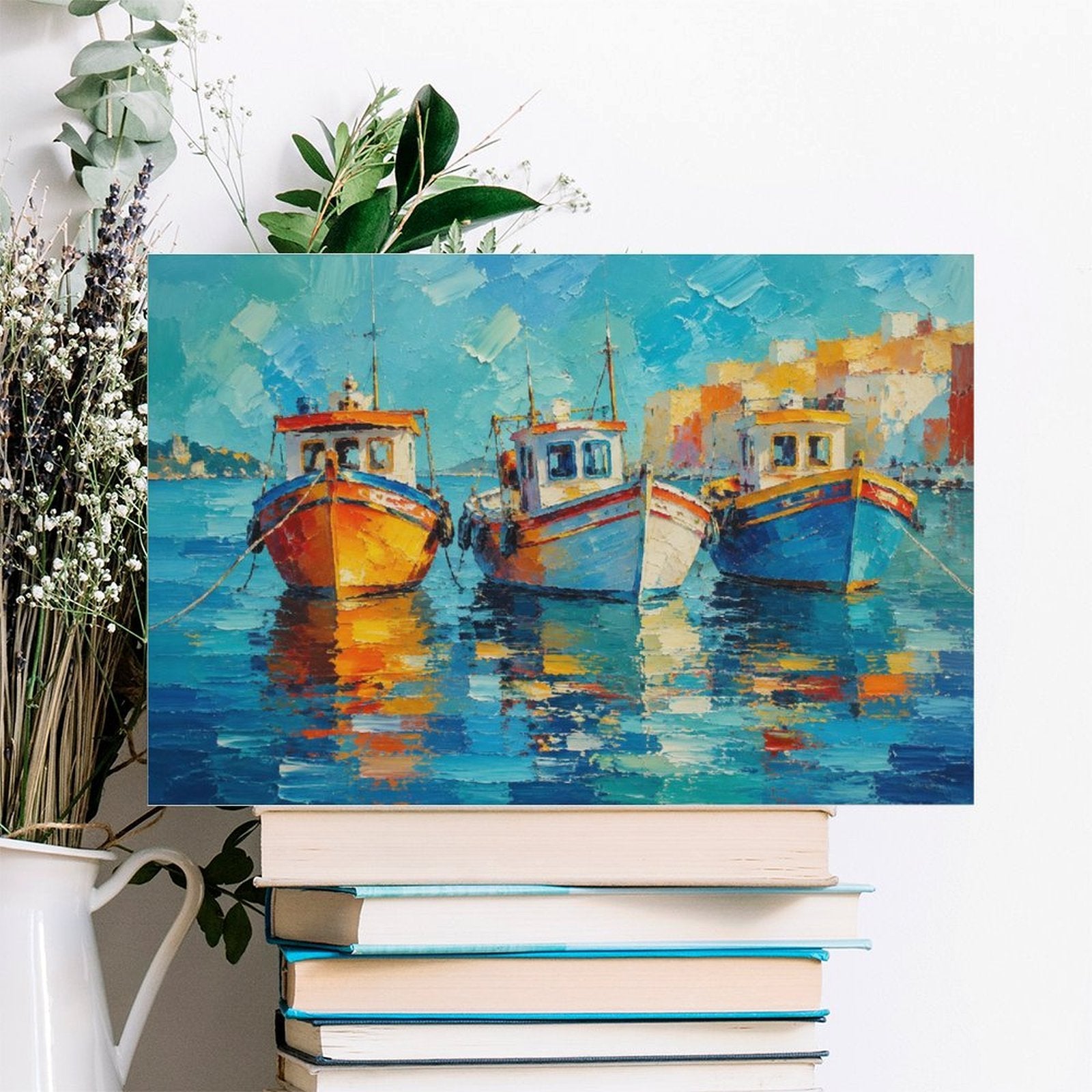 Mediterranean Harbor Fishing Boats Framed Canvas Wall Art | Colorful Impressionist Nautical Print