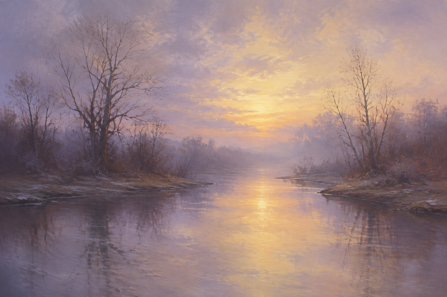 Misty Lavender River Sunrise Bare Trees Framed Canvas Wall Art | Atmospheric Old Master Landscape Print