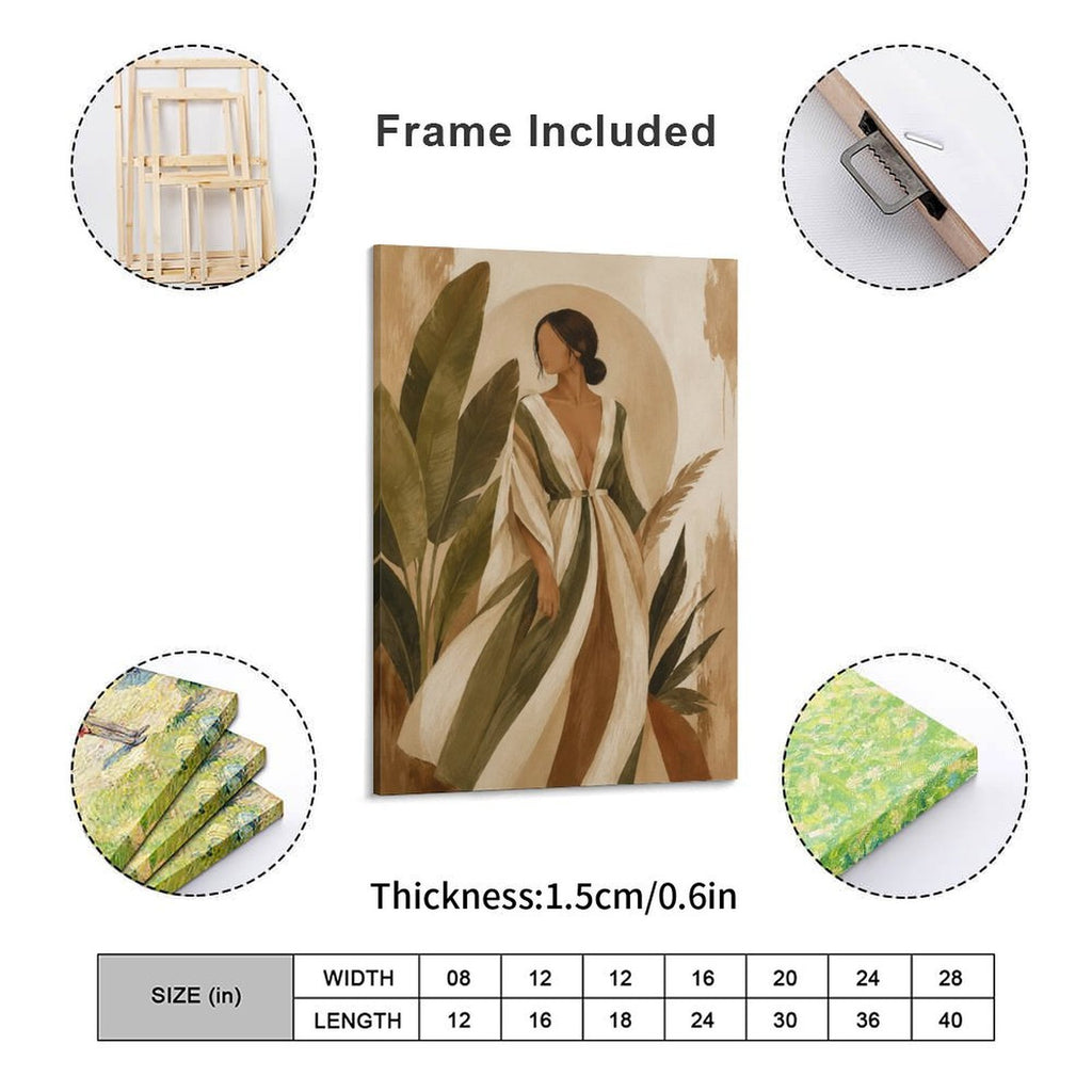 Boho Woman Striped Dress Tropical Leaves Framed Canvas Wall Art | Neutral Figurative Botanical Print