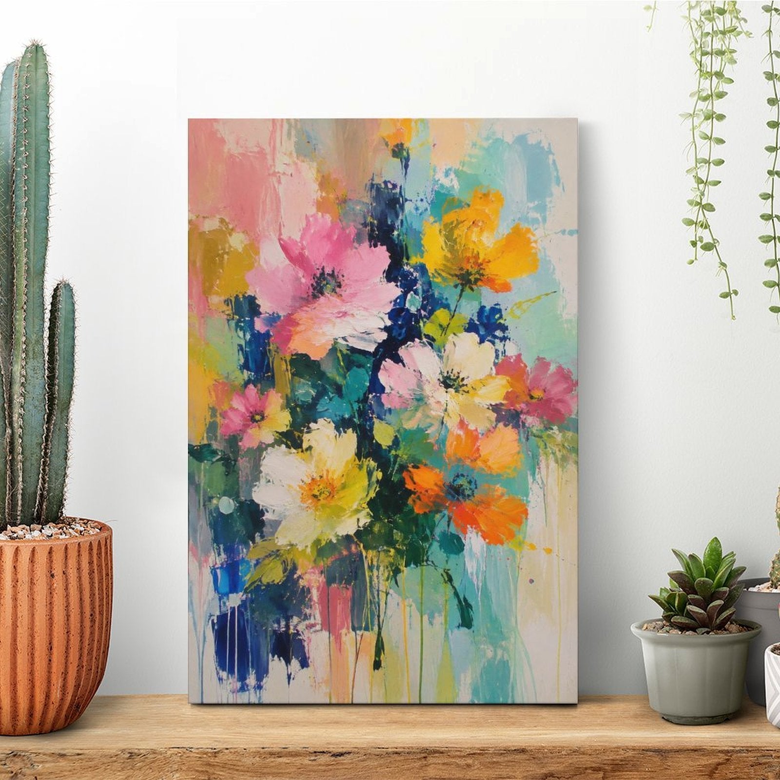 Vibrant Wildflower Bouquet Abstract Framed Canvas Wall Art | Colorful Expressionist Floral Print