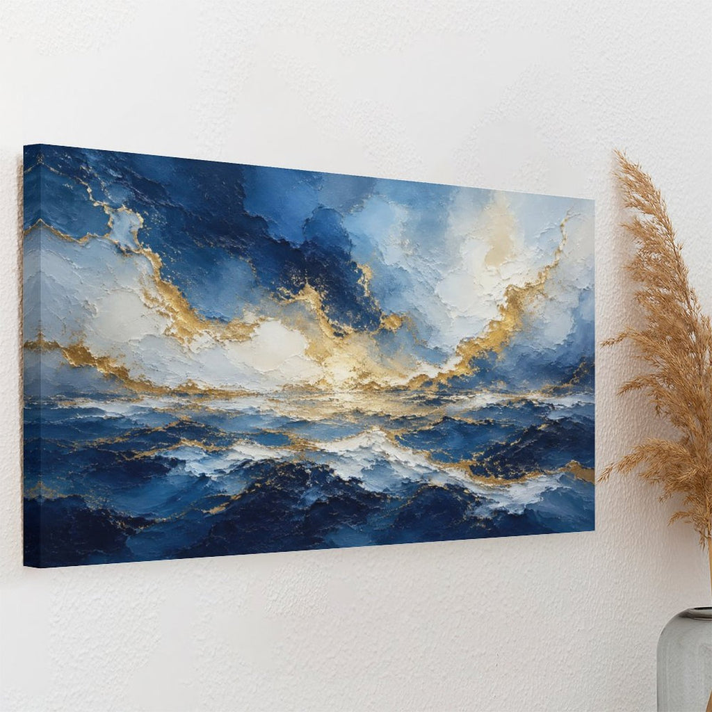 Abstract Navy Blue Gold Ocean Storm Framed Canvas Wall Art | Luxury Seascape Textured Print