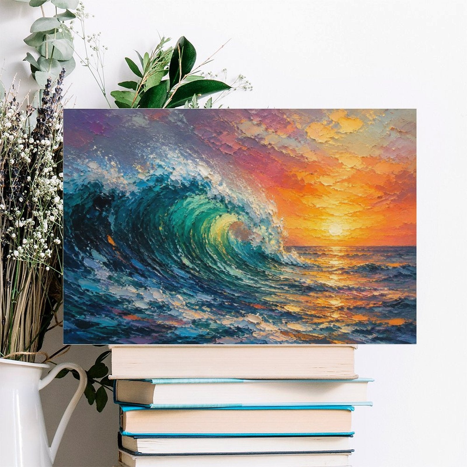 Crashing Ocean Wave Sunset Framed Canvas Wall Art | Impressionist Seascape Print