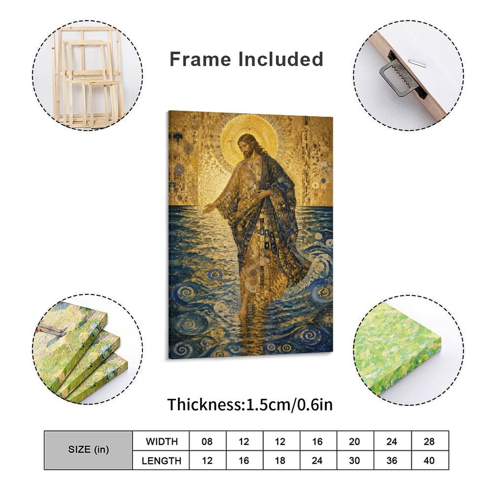 Jesus Walking on Water Klimt-Style Framed Canvas Wall Art | Gold Mosaic Religious Print