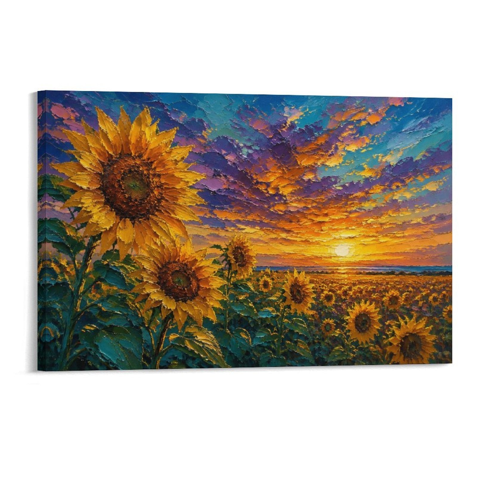 Sunflower Field Sunset Impressionist Floral Landscape Framed Canvas Wall Art