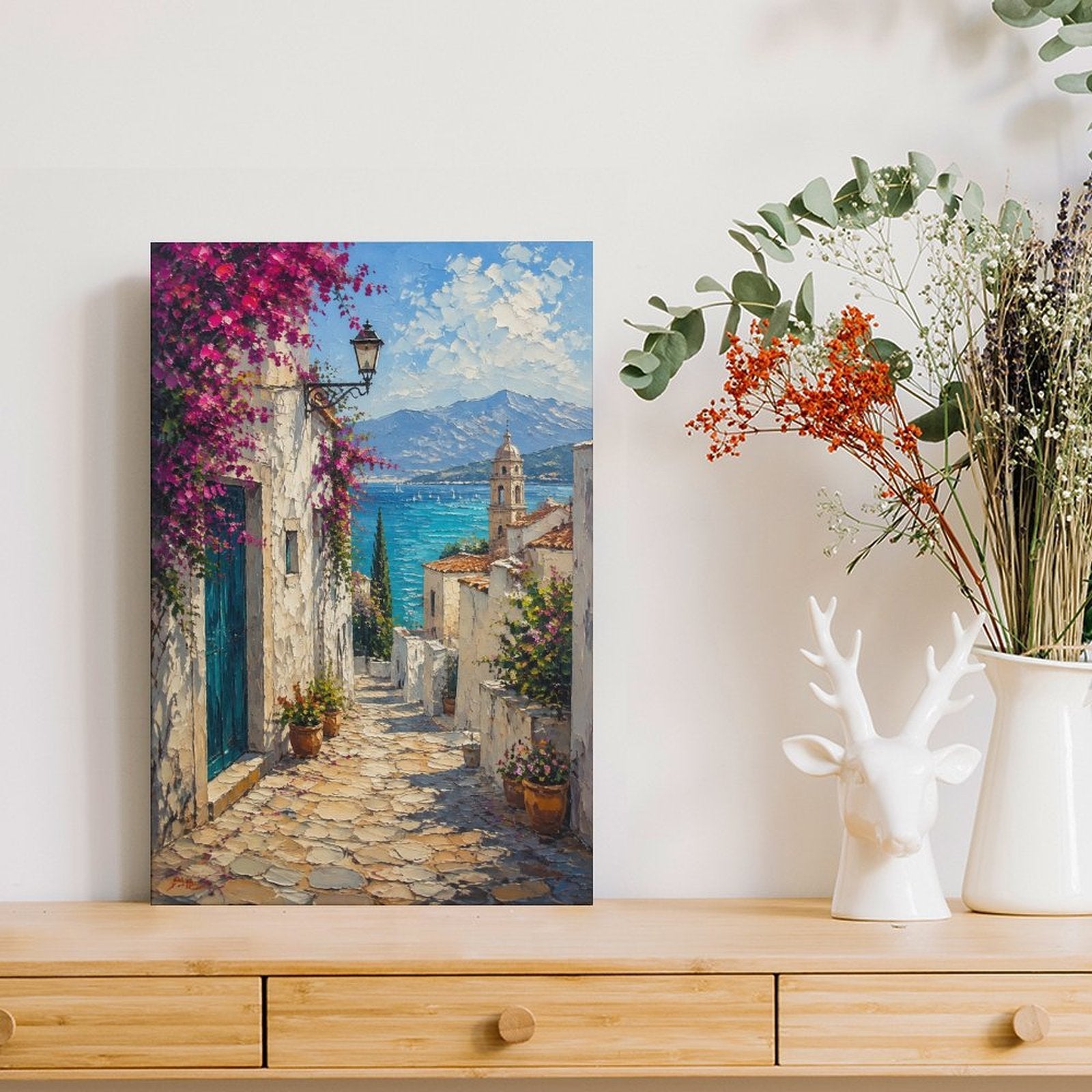 Mediterranean Cobblestone Alley Bougainvillea Framed Canvas Wall Art | Impressionist Coastal Village Print