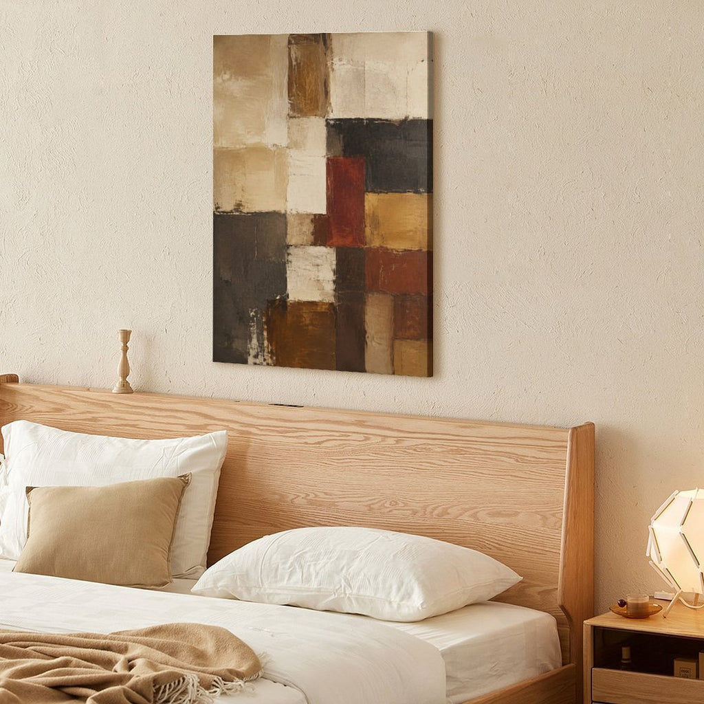 Earth Tone Geometric Block Abstract Textured Framed Canvas Wall Art | Mondrian-Style Neutral Print