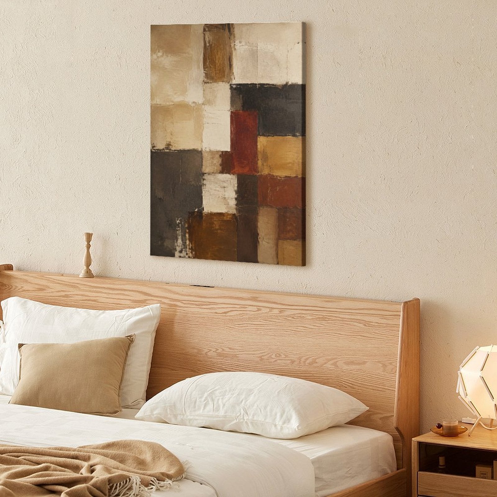 Earth Tone Geometric Block Abstract Textured Framed Canvas Wall Art | Mondrian-Style Neutral Print