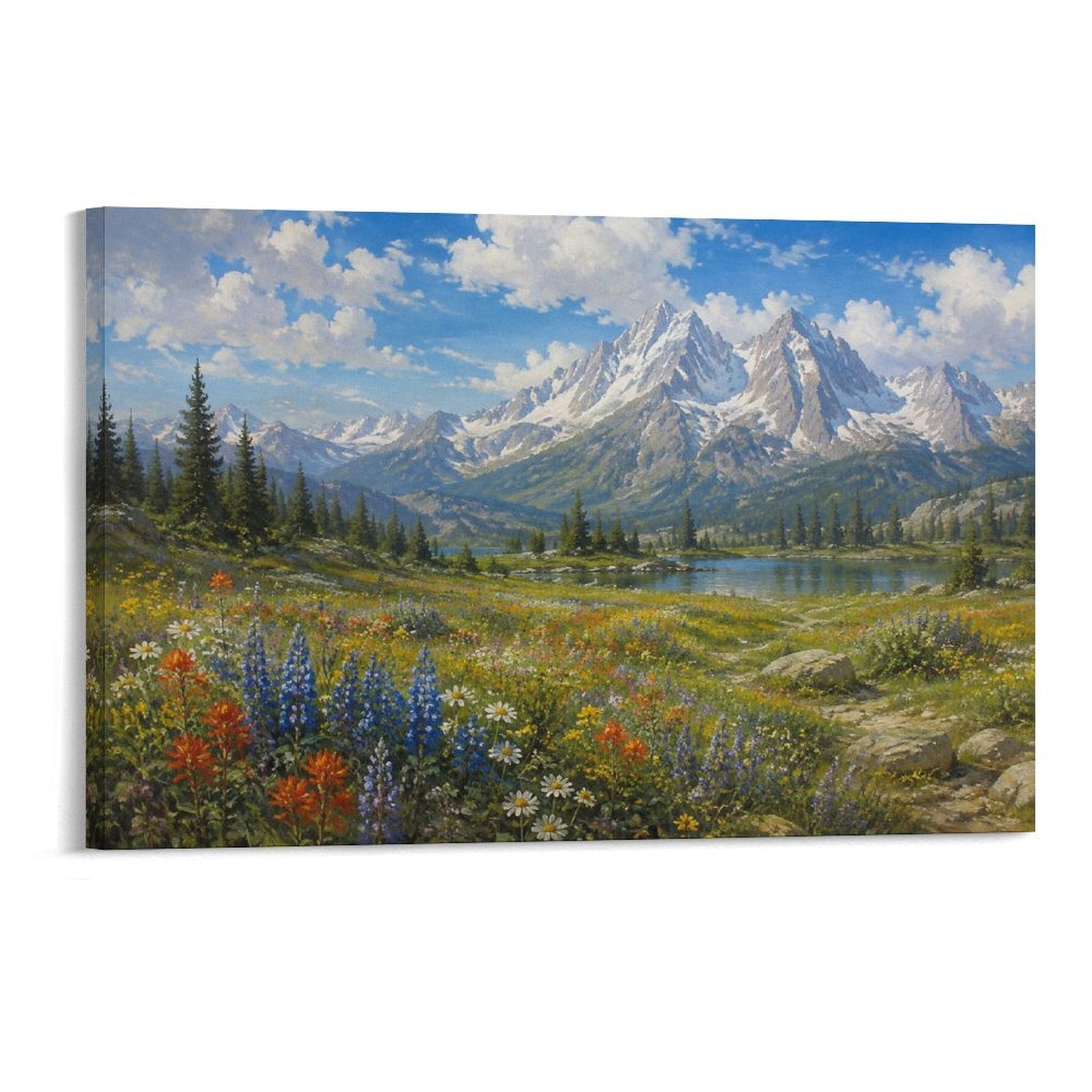 Alpine Wildflower Meadow Snow Mountain Lake Realist Mountain Landscape Framed Canvas Wall Art