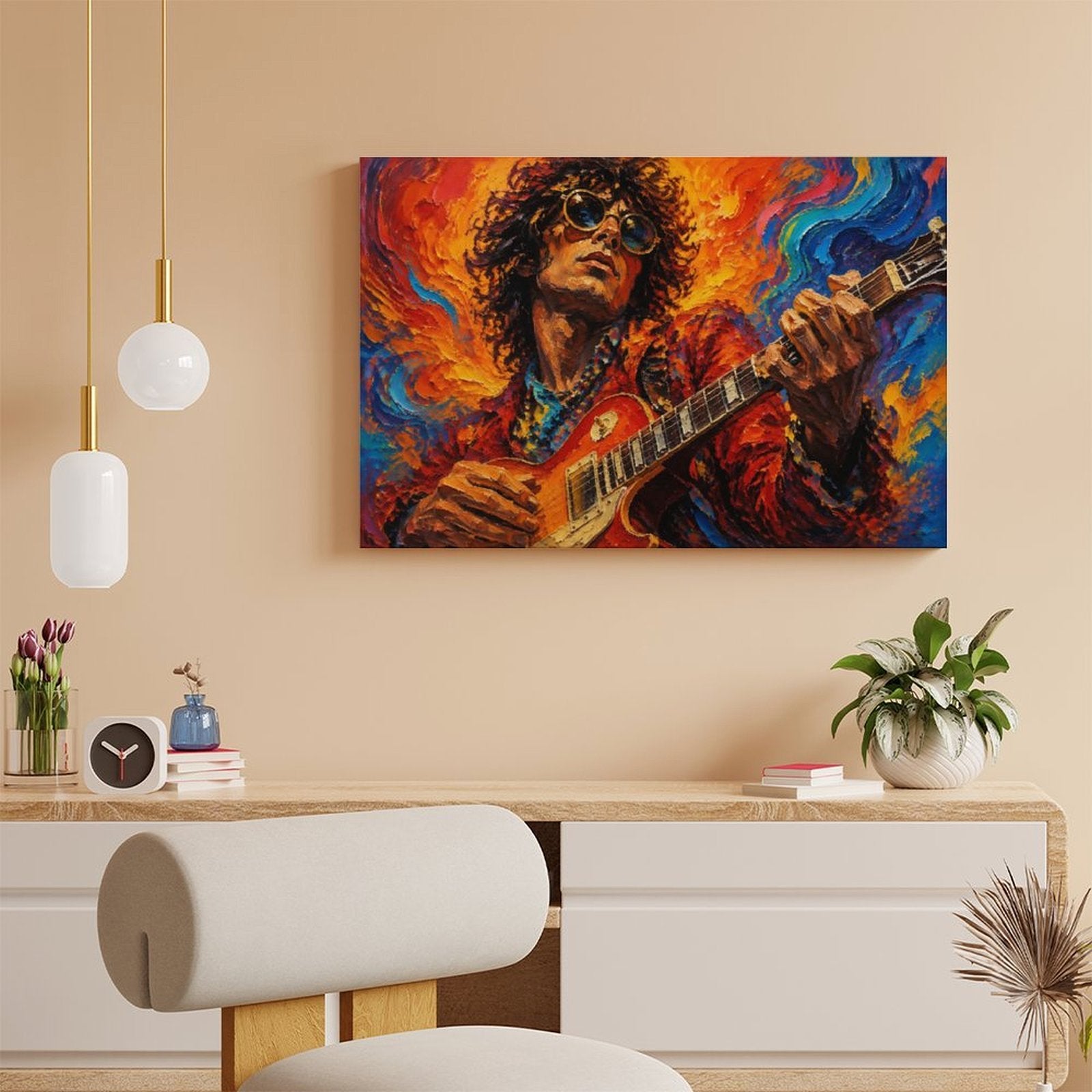 Psychedelic Rock Guitarist Framed Canvas Wall Art | Expressionist Music Portrait Print