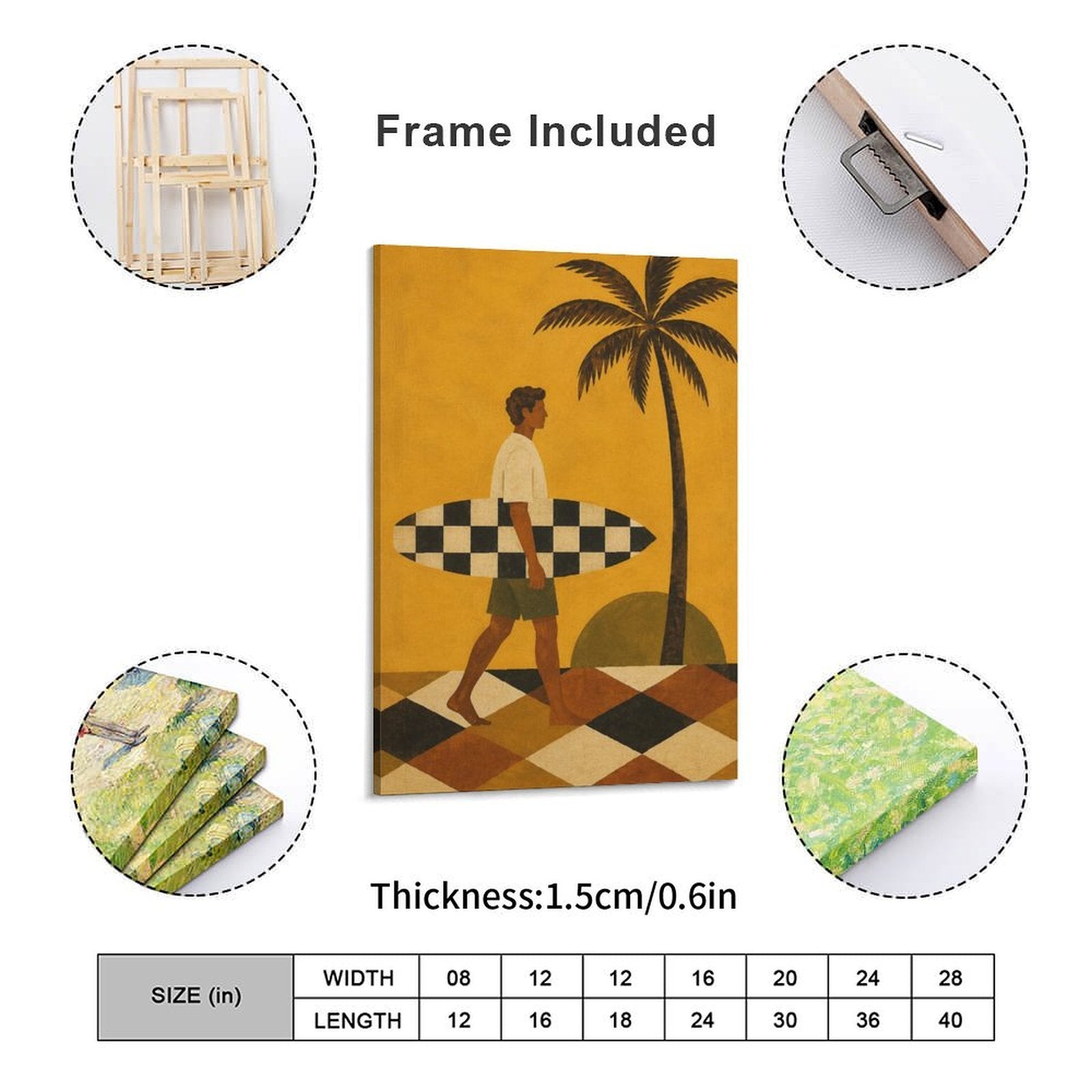 Retro Surfer Framed Canvas Wall Art | Vintage Beach Palm Tree Print