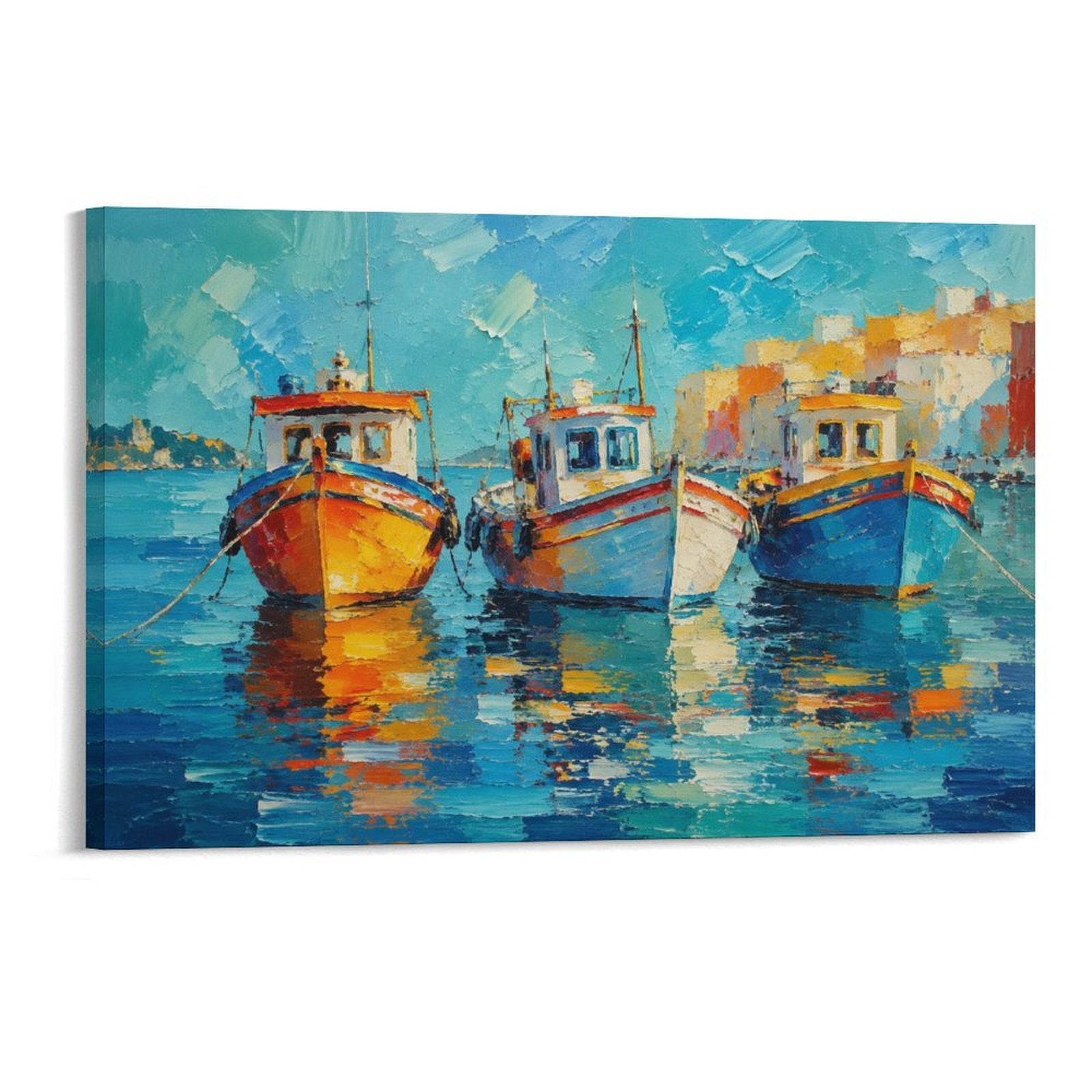 Mediterranean Harbor Fishing Boats Colorful Impressionist Nautical Framed Canvas Wall Art