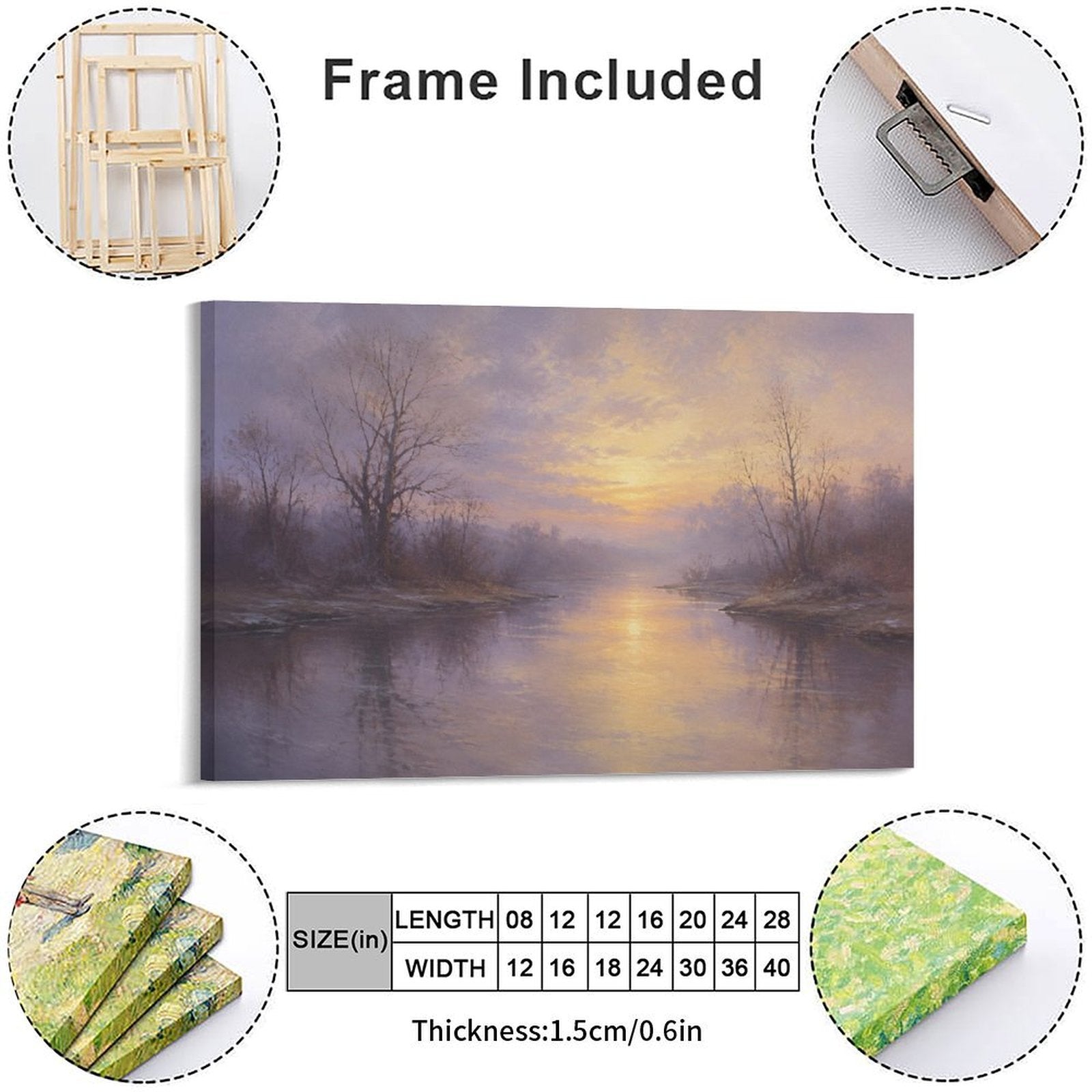 Misty Lavender River Sunrise Bare Trees Framed Canvas Wall Art | Atmospheric Old Master Landscape Print