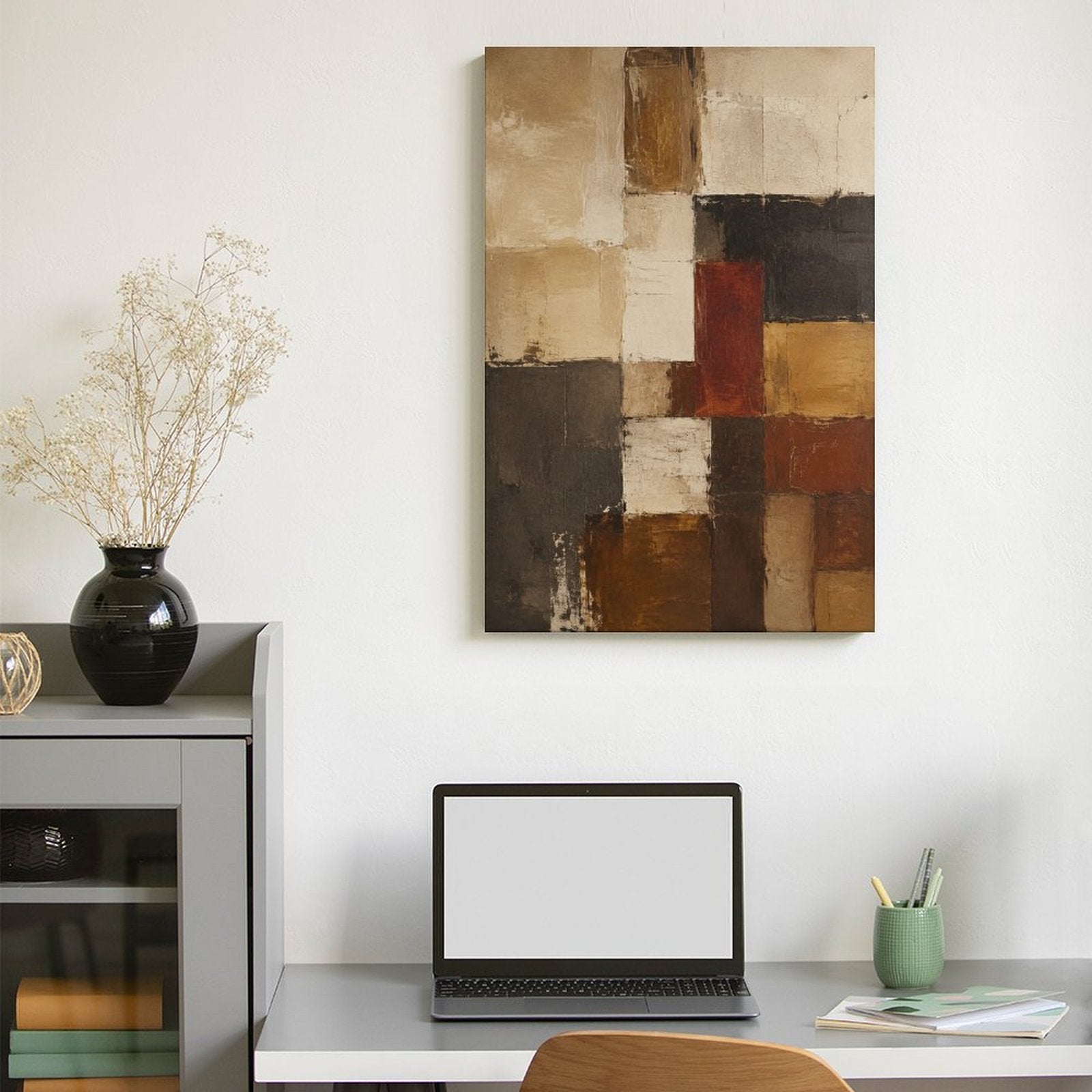 Earth Tone Geometric Block Abstract Textured Framed Canvas Wall Art | Mondrian-Style Neutral Print