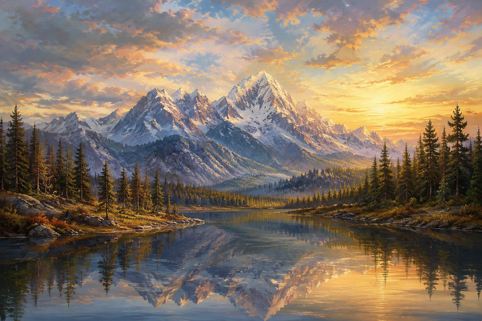 Snow Mountain Sunset Lake Reflection Pine Forest Framed Canvas Wall Art | Old Master Landscape Print
